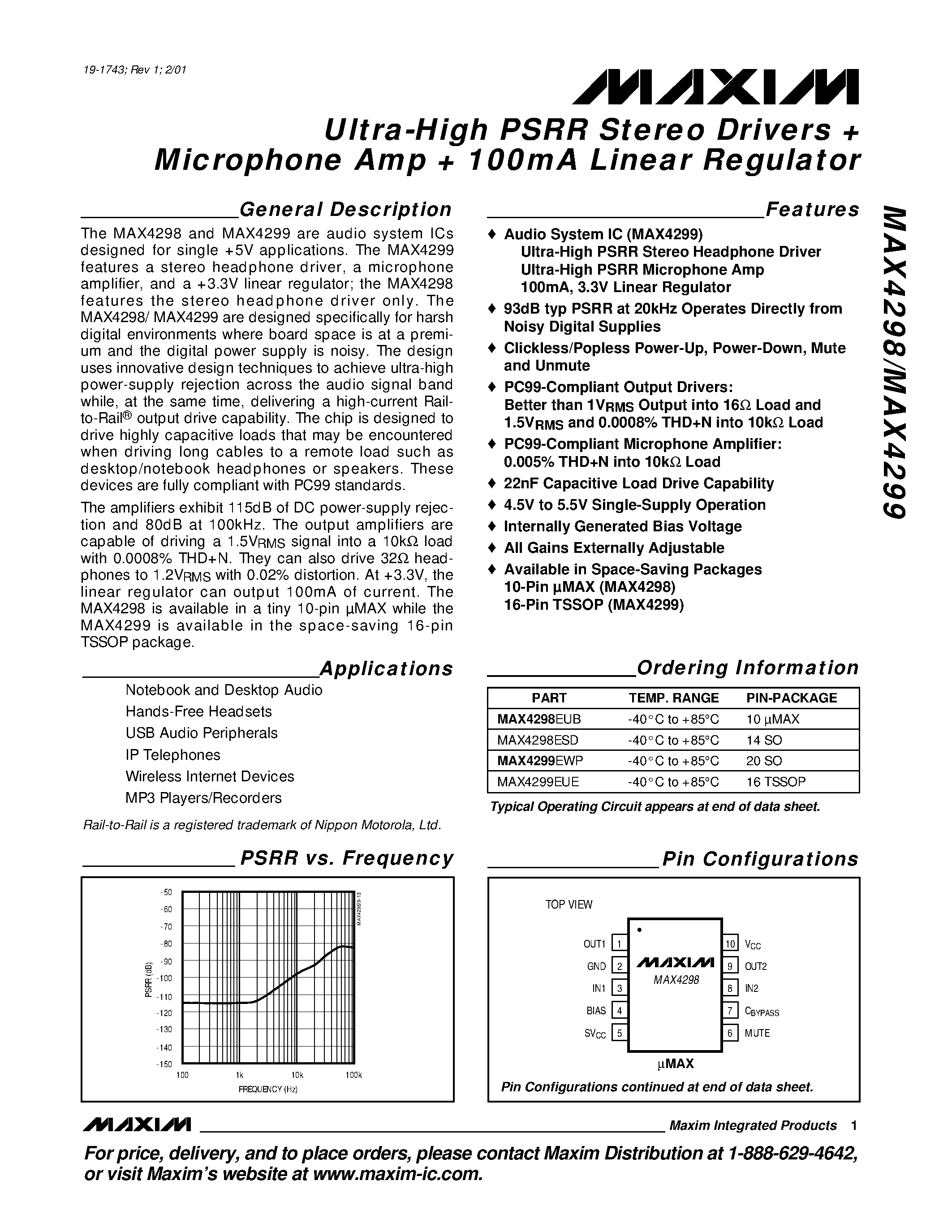 Даташит MAX4298ESD - Ultra-High PSRR Stereo Drivers + Microphone Amp + 100mA Linear Regulator страница 1