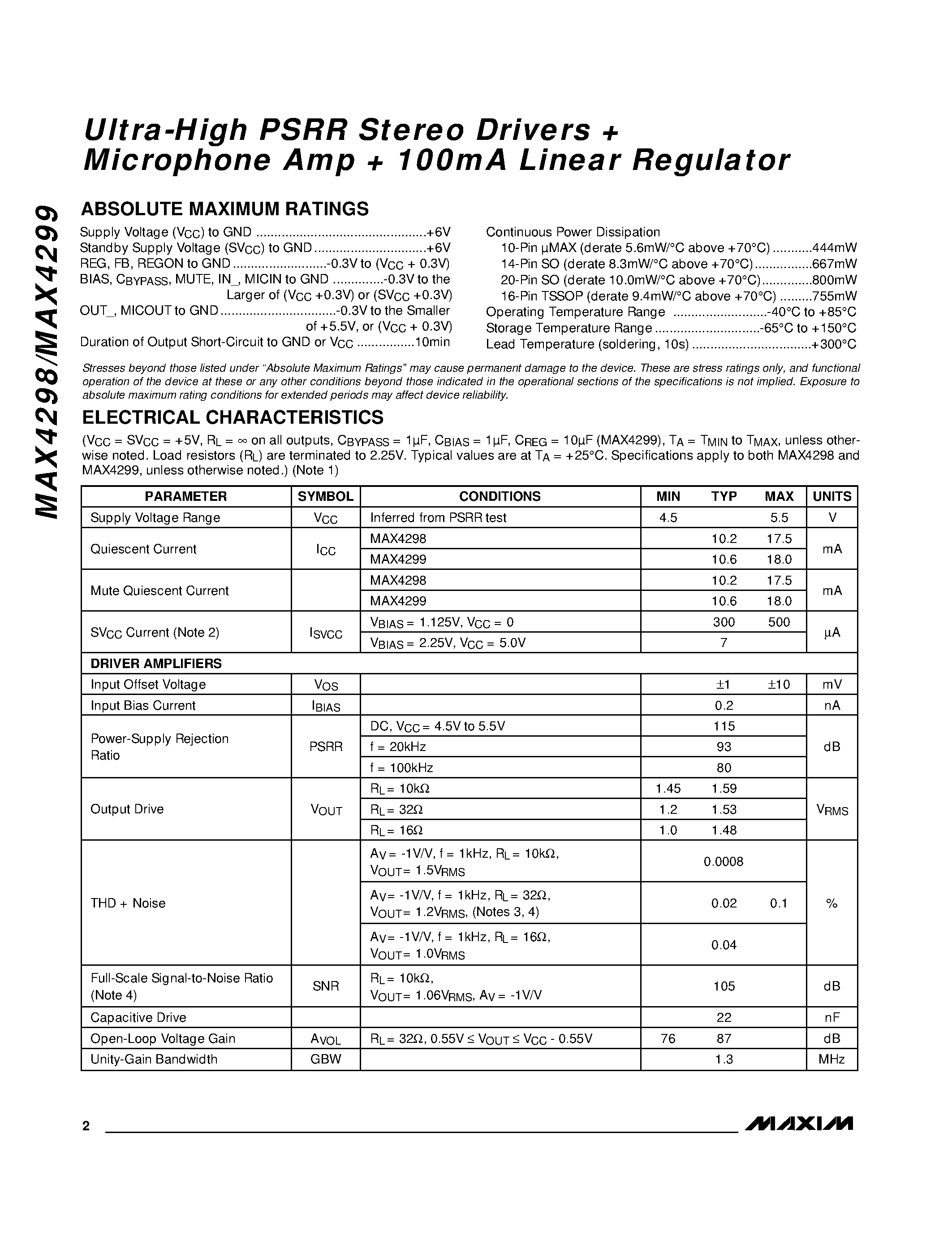 Даташит MAX4299 - Ultra-High PSRR Stereo Drivers + Microphone Amp + 100mA Linear Regulator страница 2