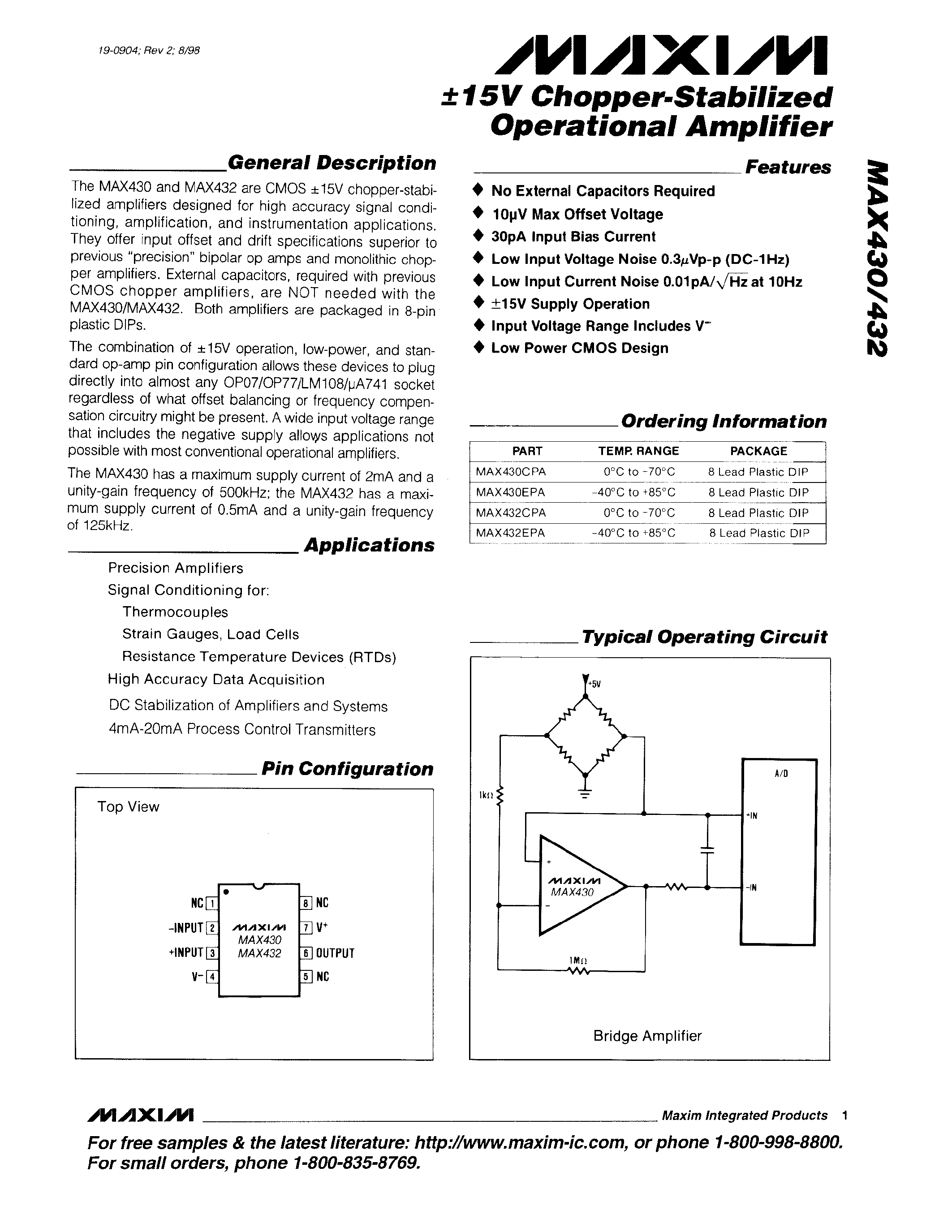 Datasheet MAX430 - 15V Chopper-Stabilized Operational Amplifier page 1