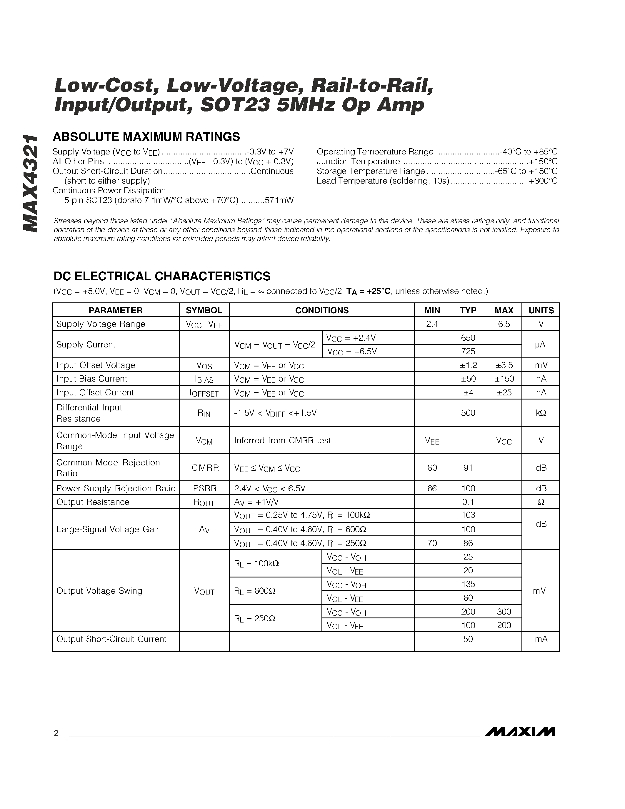 Datasheet MAX4321EUK-T page 2 Datasheet MAX4321EUK-T - Low-Cost / Low-Voltage / Rail-to-Rail / Input/Output / SOT23 5MHz Op Amp page 2