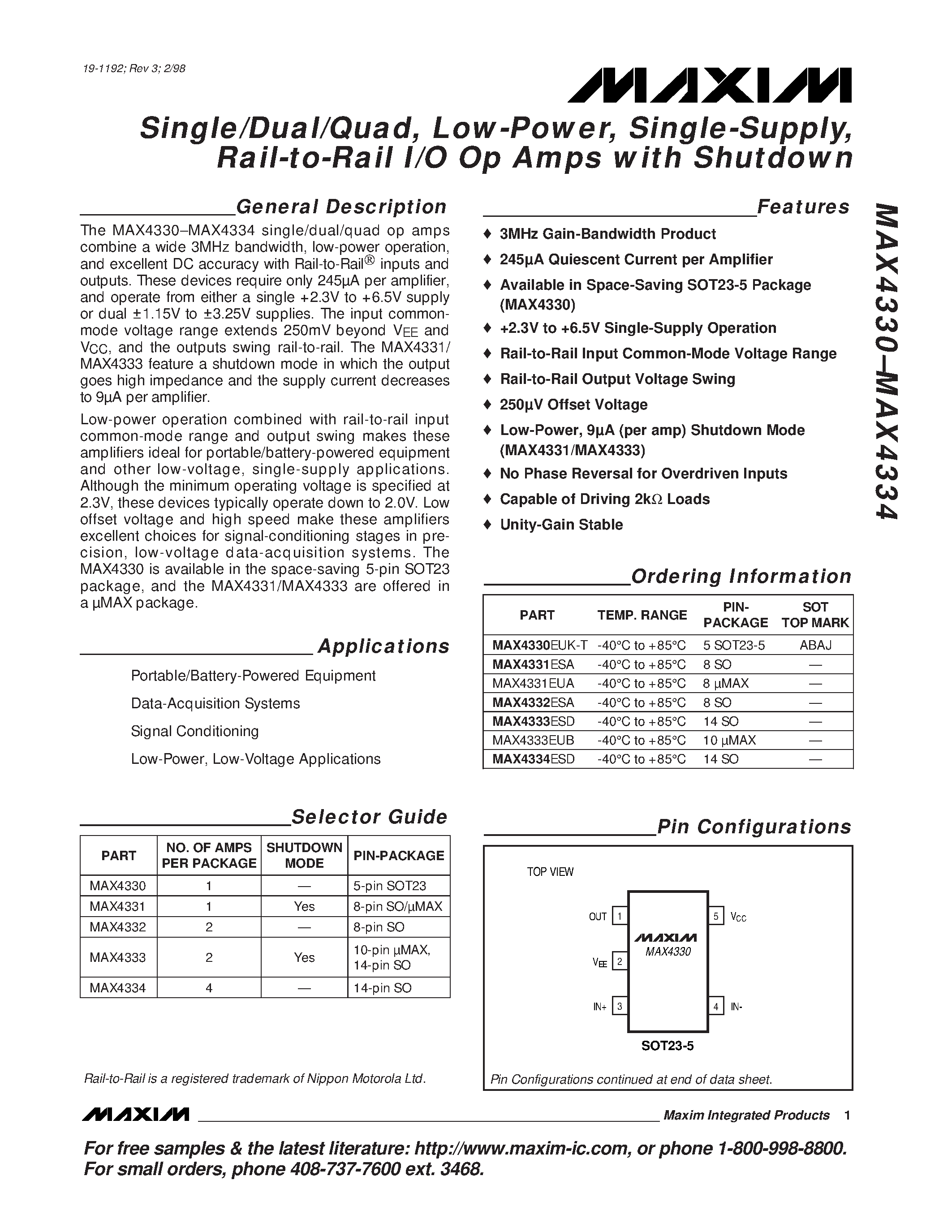 Datasheet MAX4333EUB - Single/Dual/Quad / Low-Power / Single-Supply / Rail-to-Rail I/O Op Amps with Shutdown page 1