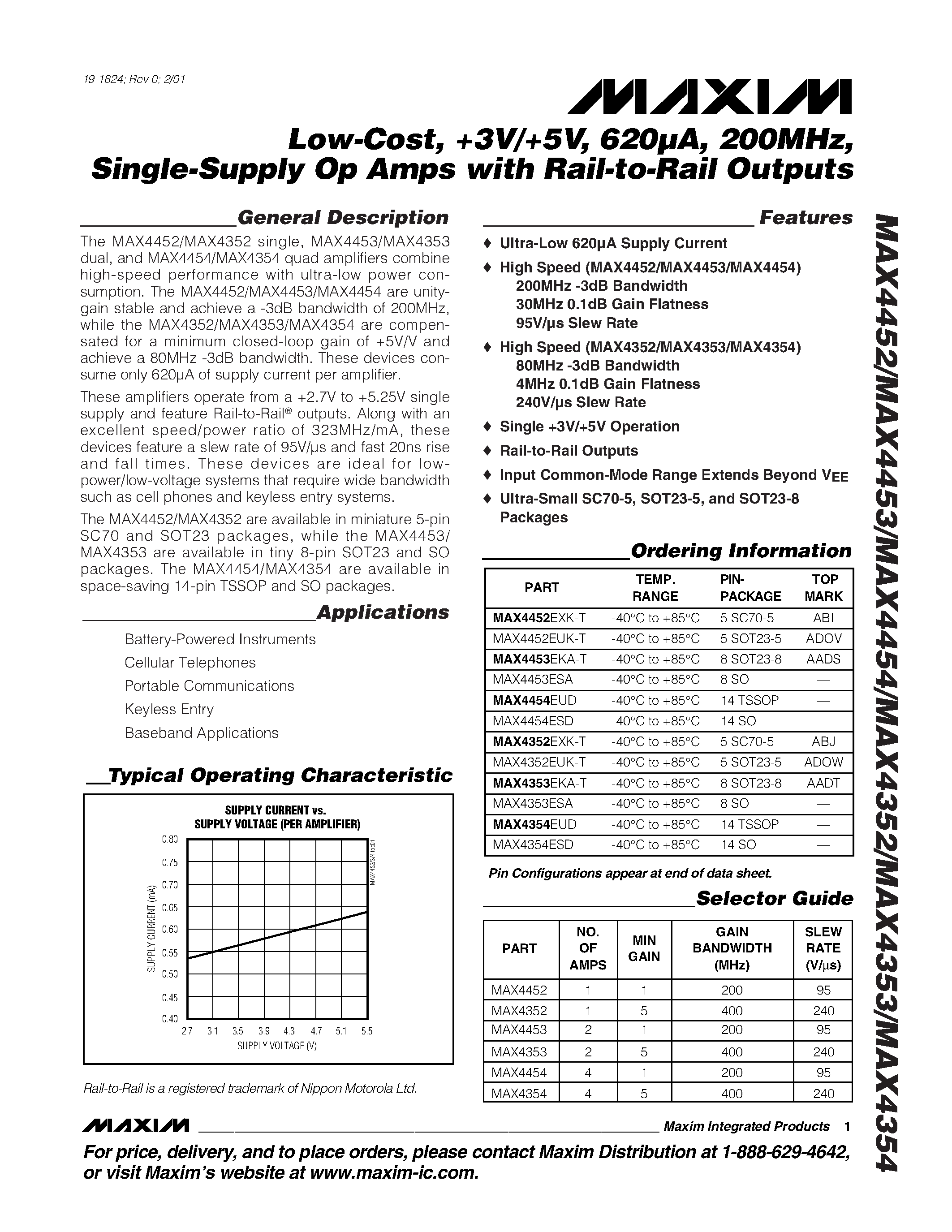 Datasheet MAX4352EXK-T - Low-Cost / +3V/+5V / 620A / 200MHz / Single-Supply Op Amps with Rail-to-Rail Outputs page 1
