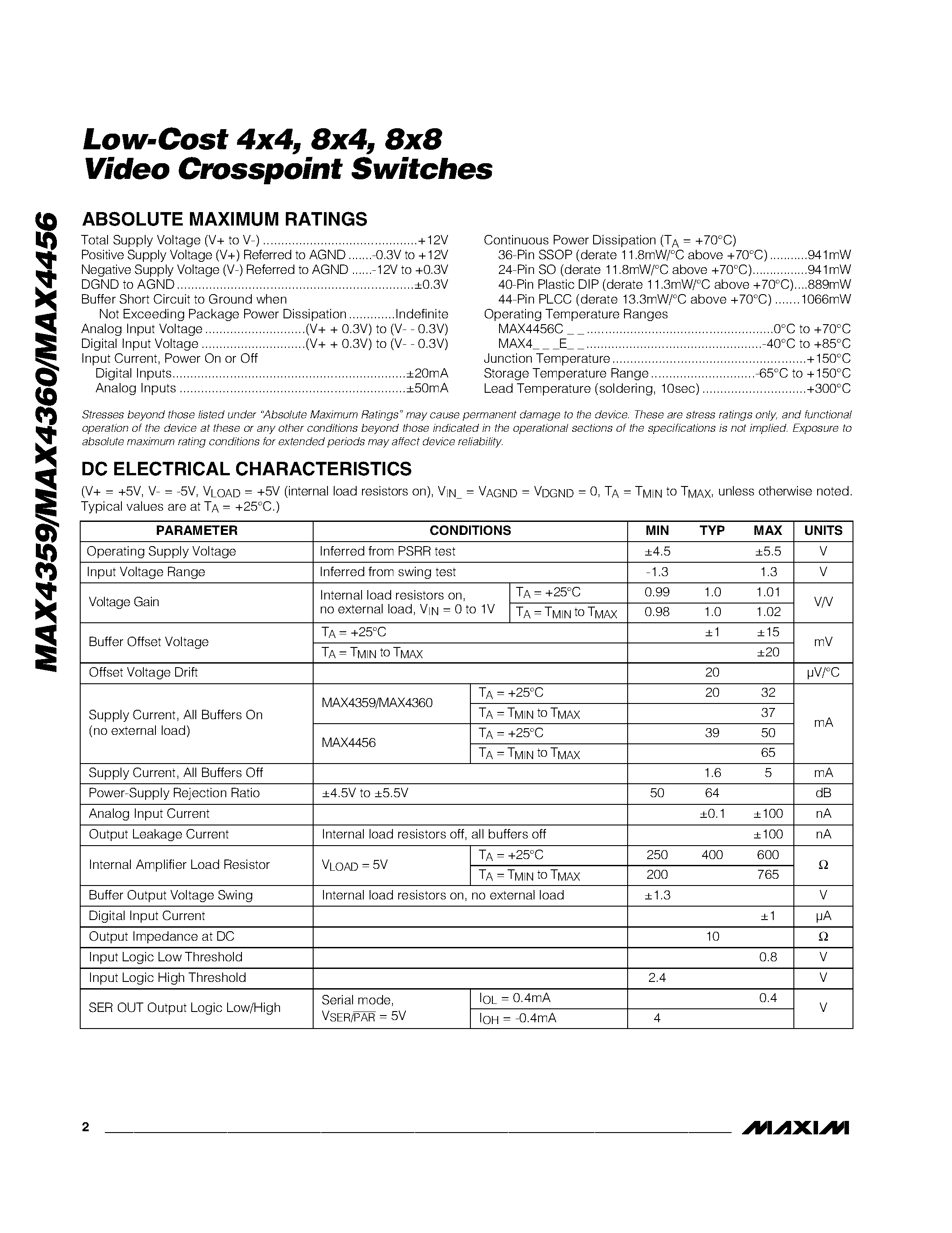 Datasheet MAX4360EAX - Low-Cost 4x4 / 8x4 / 8x8 Video Crosspoint Switches page 2