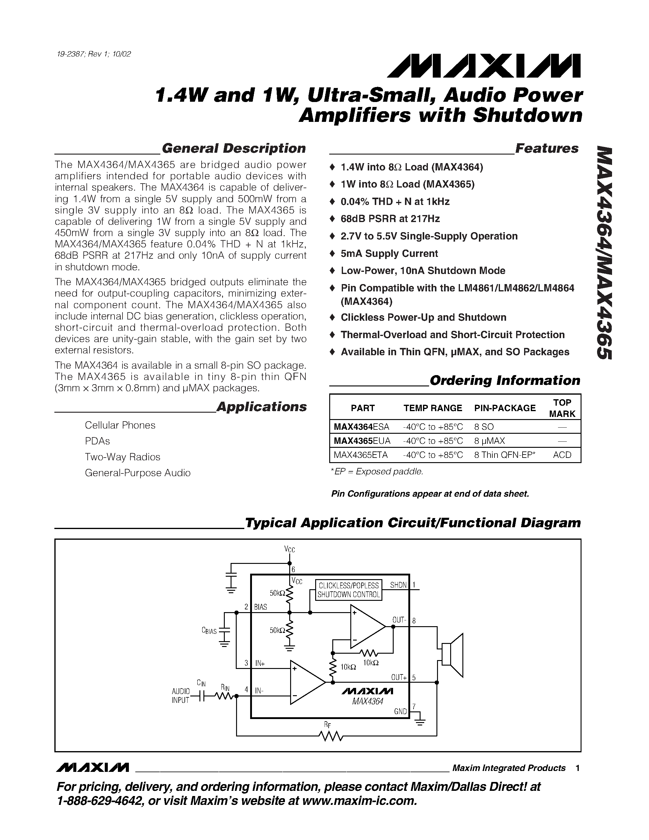 Datasheet MAX4364 - 1.4W and 1W / Ultra-Small / Audio Power Amplifiers with Shutdown page 1