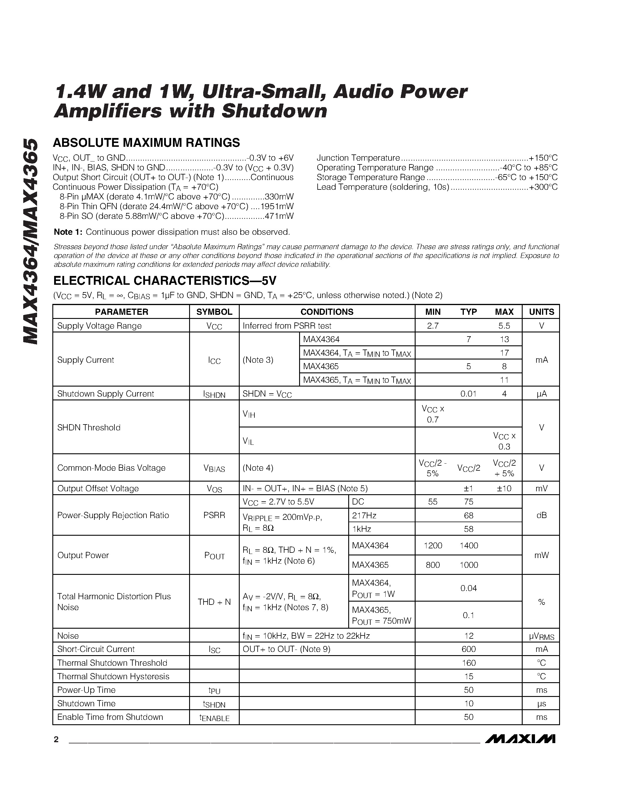 Datasheet MAX4364 - 1.4W and 1W / Ultra-Small / Audio Power Amplifiers with Shutdown page 2