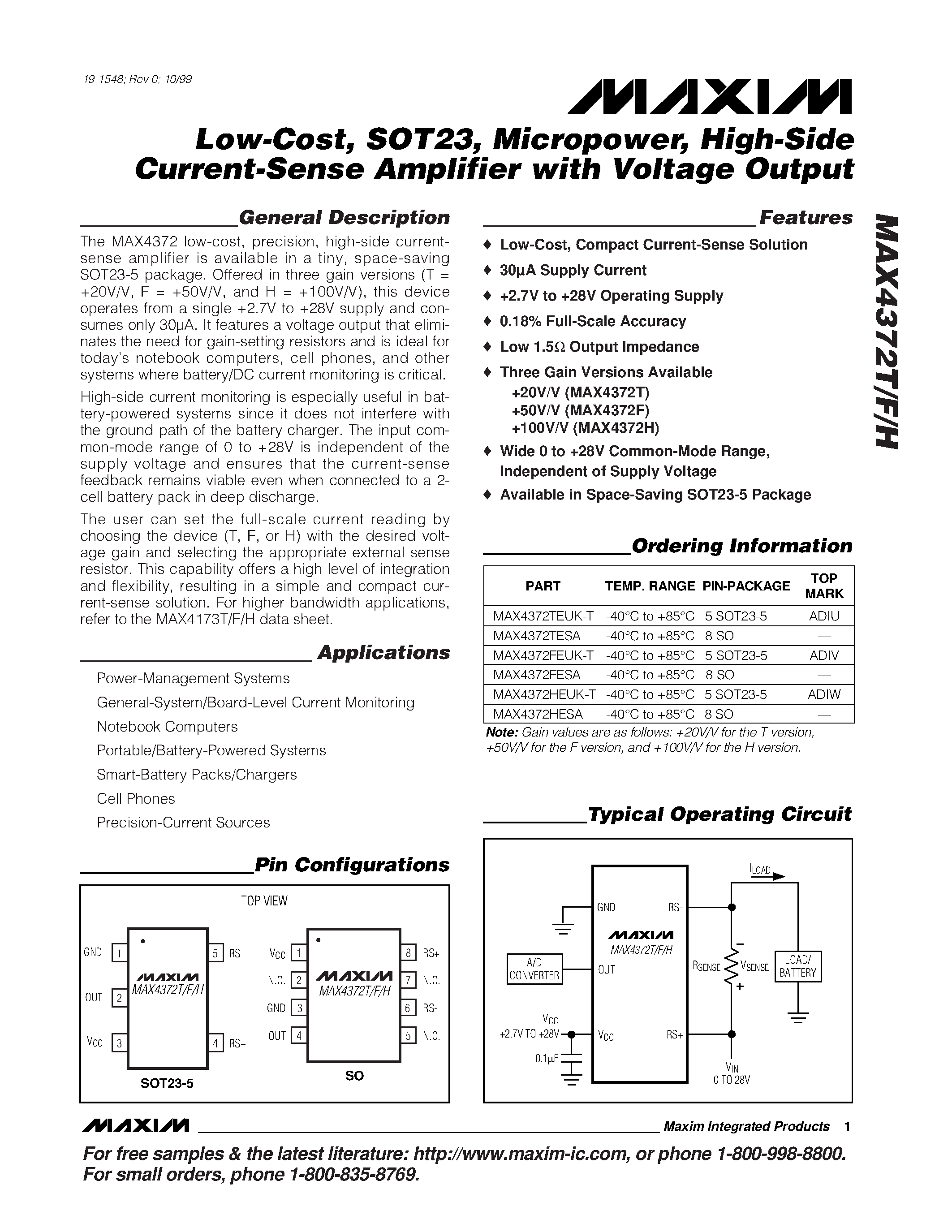 Даташит MAX4372HEUK-T - Low-Cost / SOT23 / Micropower / High-Side Current-Sense Amplifier with Voltage Output страница 1
