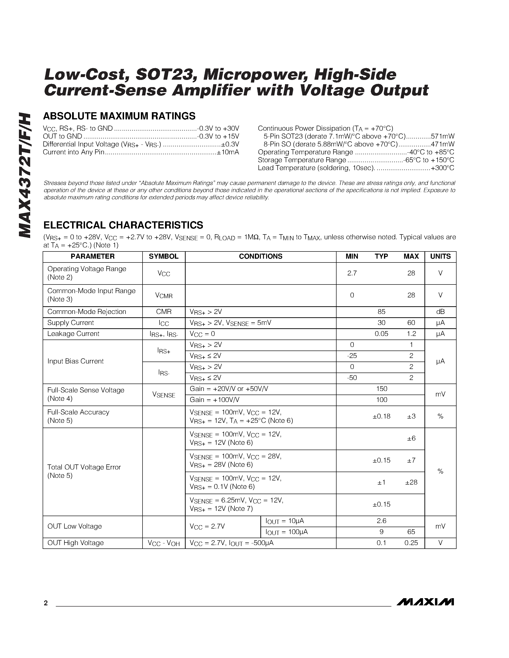 Даташит MAX4372HEUK-T - Low-Cost / SOT23 / Micropower / High-Side Current-Sense Amplifier with Voltage Output страница 2