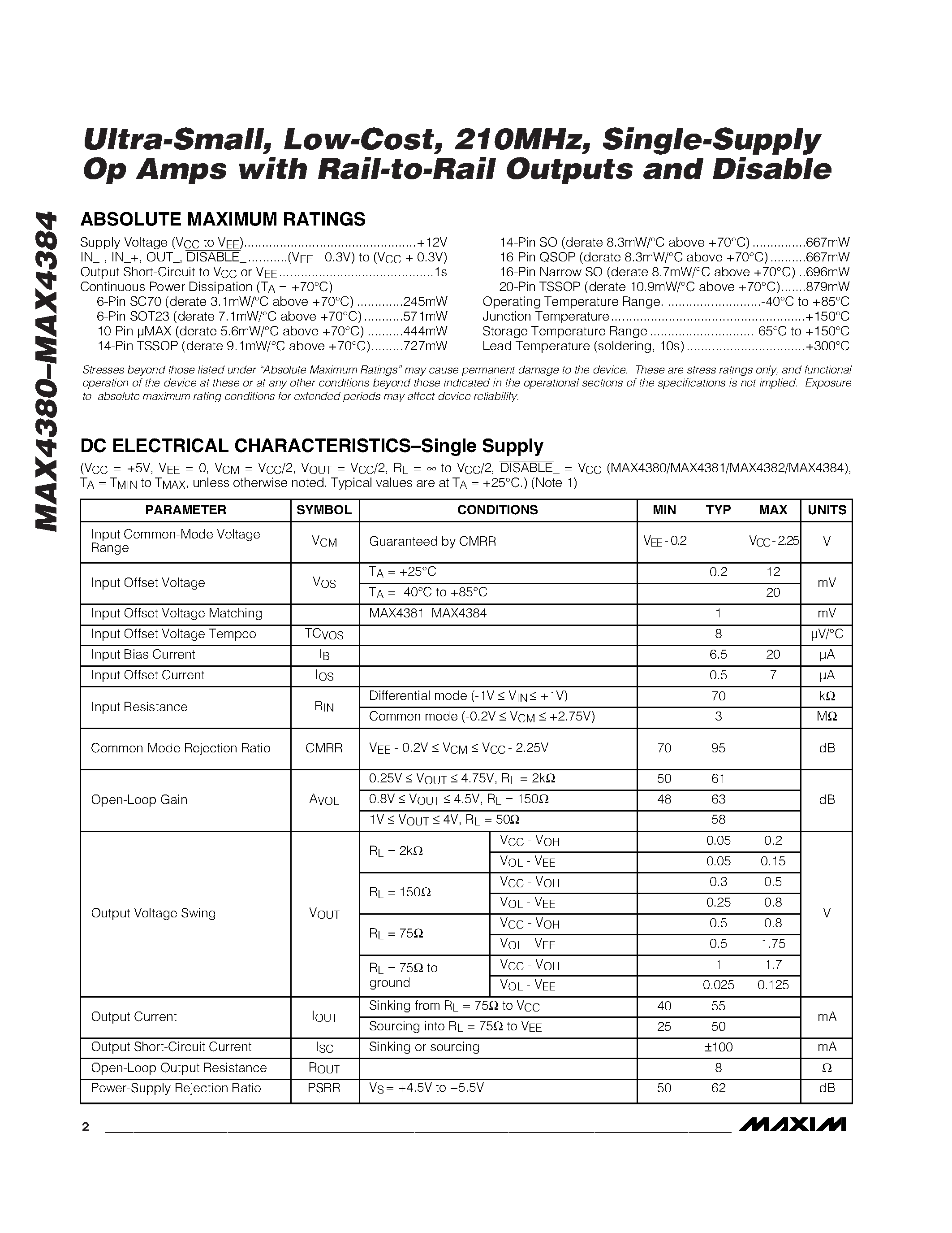 Datasheet MAX4380EXT-T page 2 Datasheet MAX4380EXT-T - Ultra-Small / Low-Cost / 210MHz / Single-Supply Op Amps with Rail-to-Rail Outputs and Disable page 2