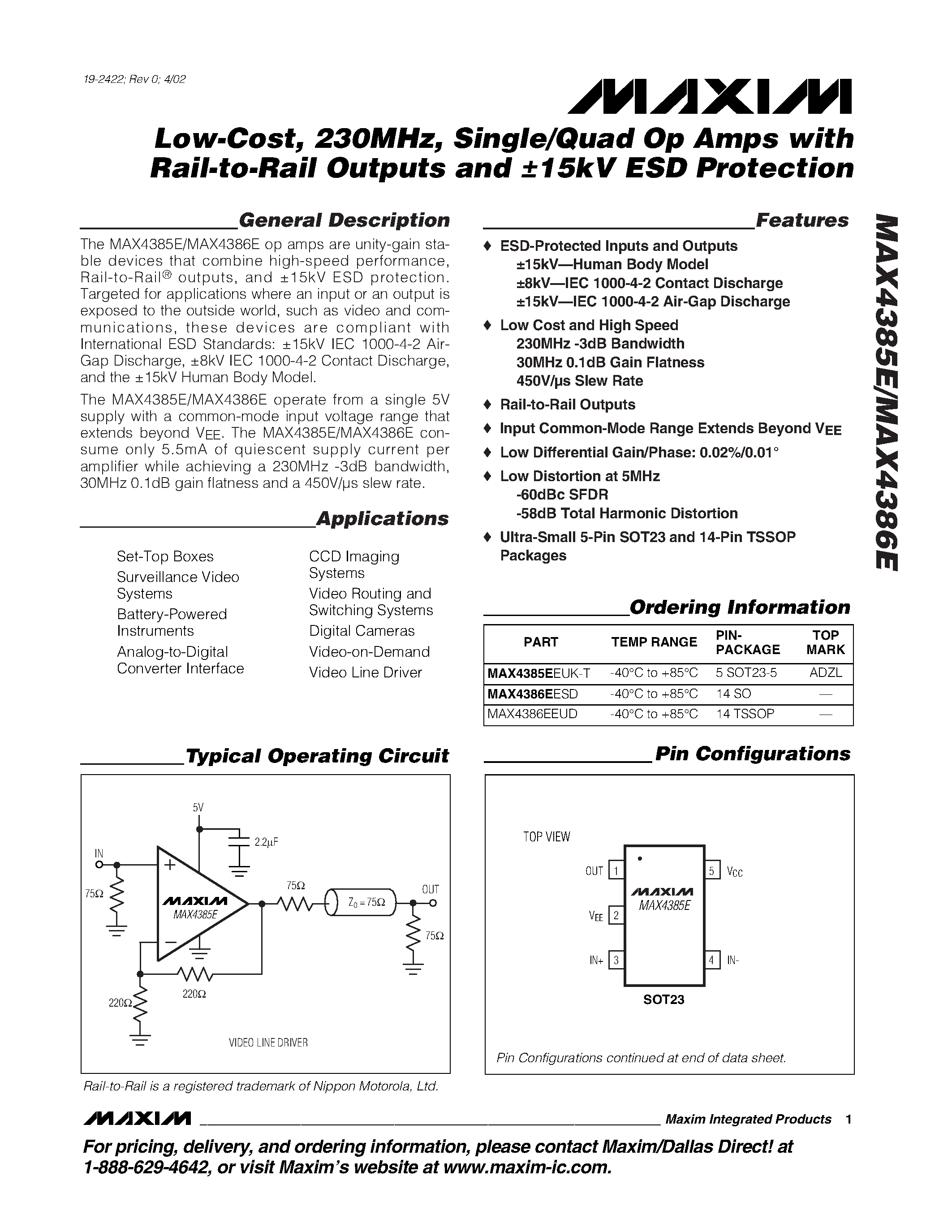 Даташит MAX4385EEUK-T - Low-Cost / 230MHz / Single/Quad Op Amps with Rail-to-Rail Outputs and 15kV ESD Protection страница 1