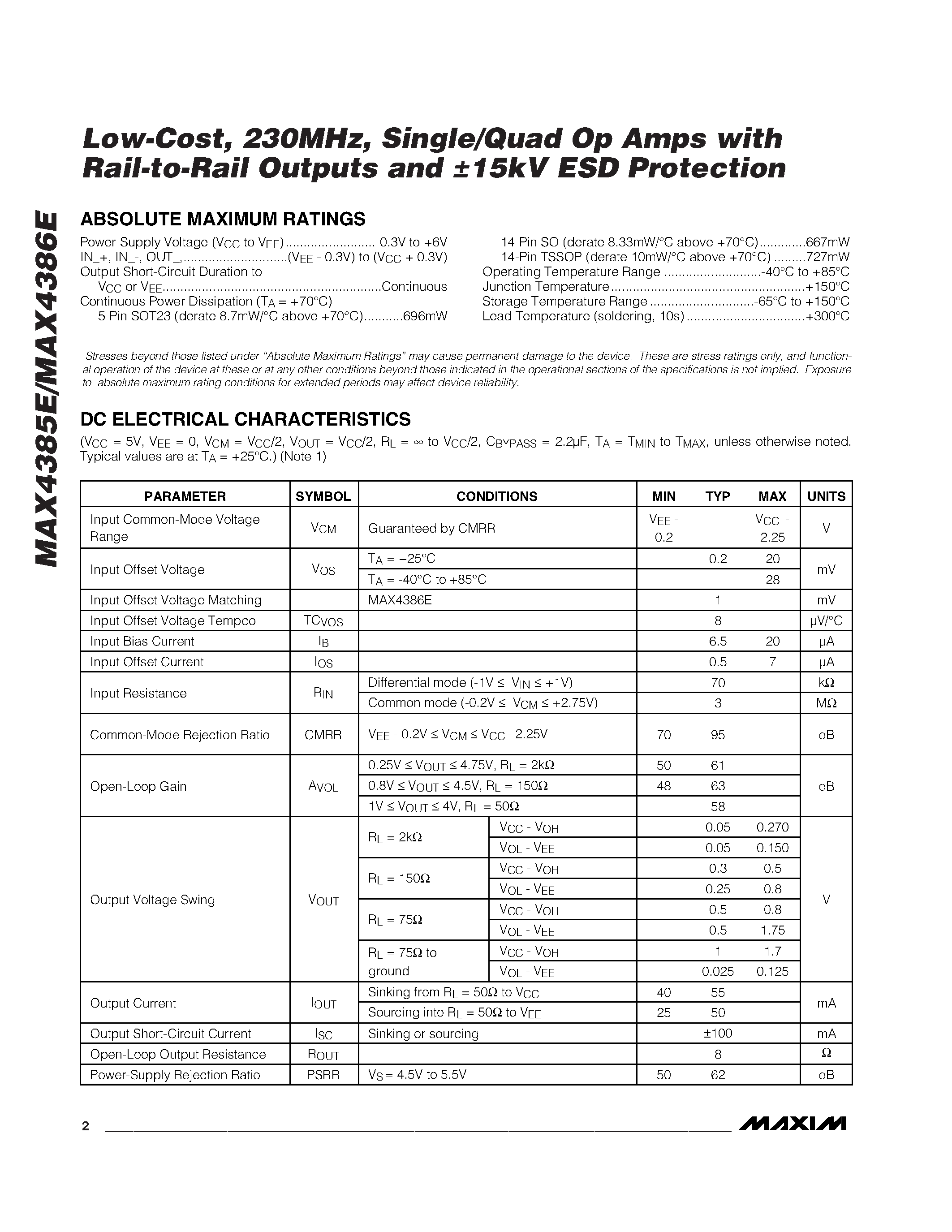 Даташит MAX4385EEUK-T - Low-Cost / 230MHz / Single/Quad Op Amps with Rail-to-Rail Outputs and 15kV ESD Protection страница 2