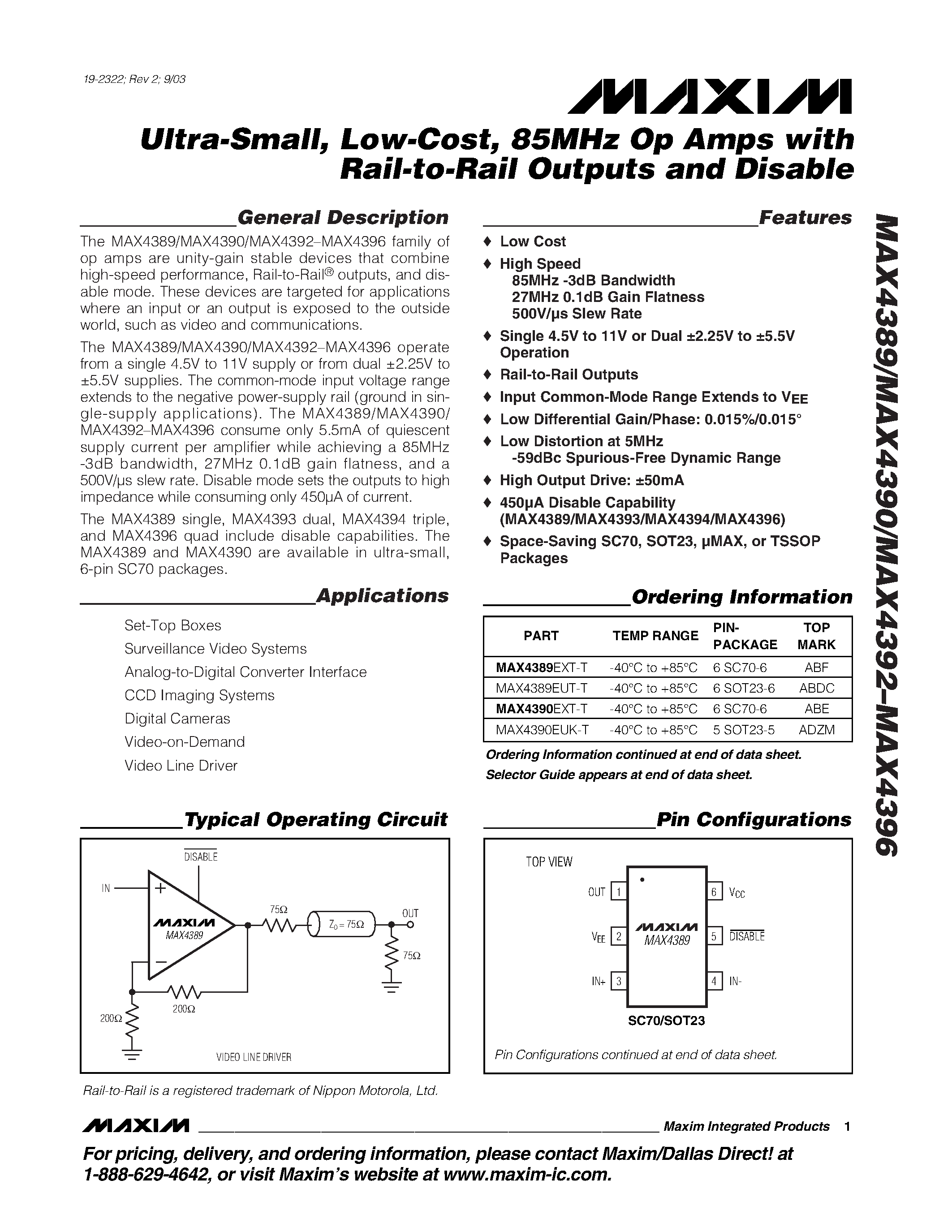 Даташит MAX4389EUT-T - Ultra-Small / Low-Cost / 85MHz Op Amps with Rail-to-Rail Outputs and Disable страница 1