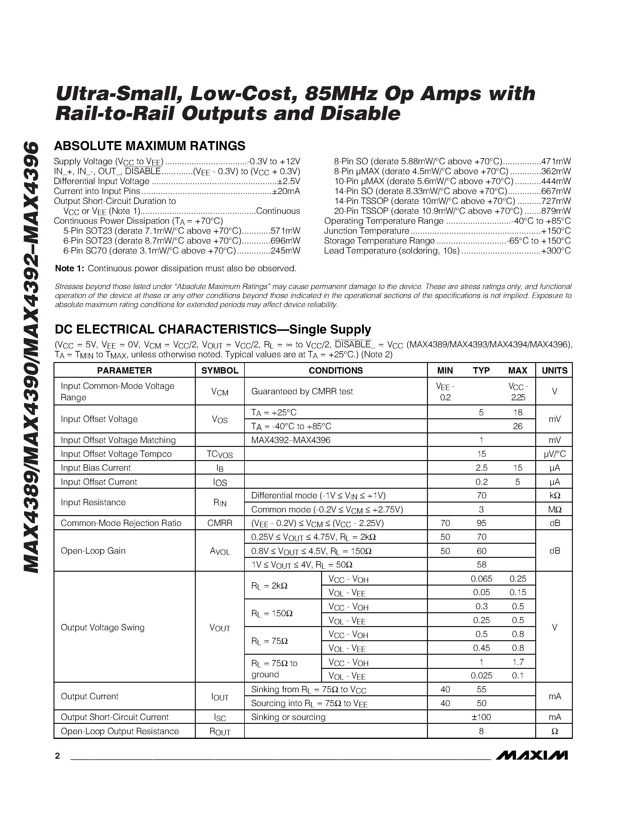 Даташит MAX4389EUT-T - Ultra-Small / Low-Cost / 85MHz Op Amps with Rail-to-Rail Outputs and Disable страница 2