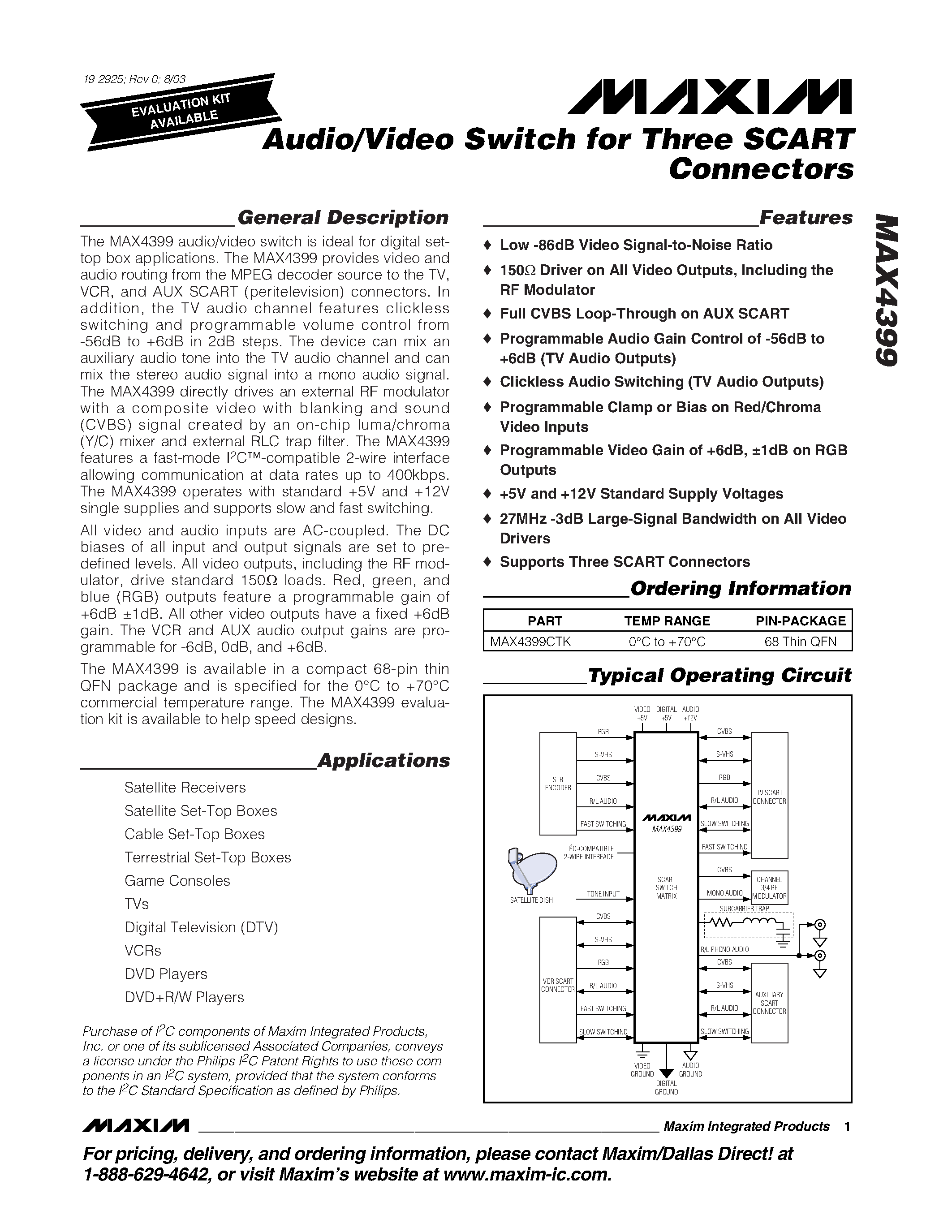 Datasheet MAX4399CTK - Audio/Video Switch for Three SCART Connectors page 1