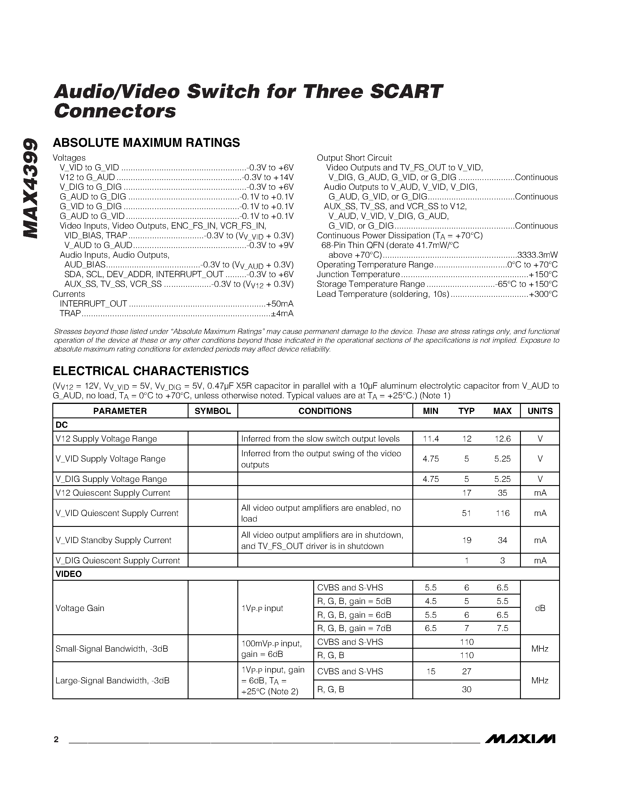 Datasheet MAX4399CTK - Audio/Video Switch for Three SCART Connectors page 2