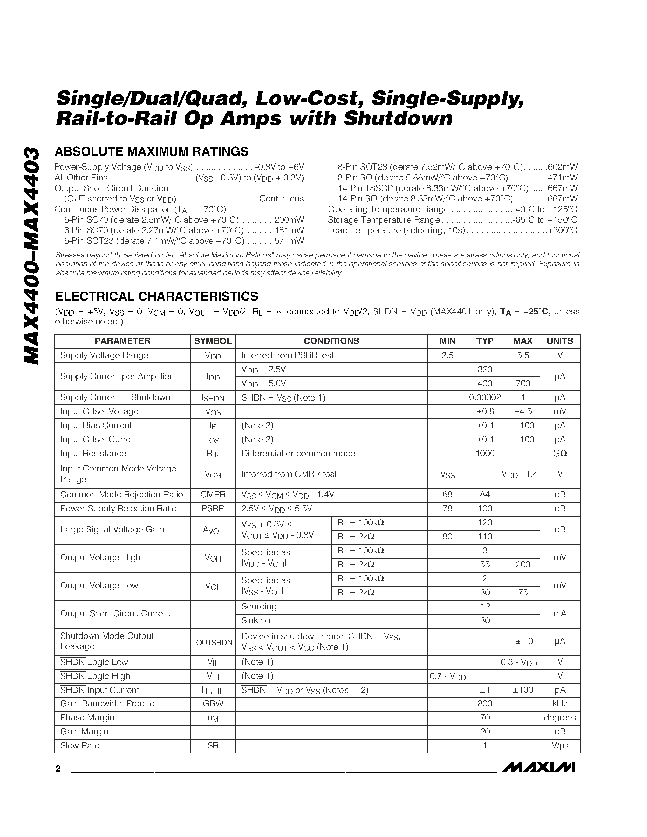Datasheet MAX4400AXK-T page 2 Datasheet MAX4400AXK-T - Single/Dual/Quad / Low-Cost / Single-Supply / Rail-to-Rail Op Amps with Shutdown page 2