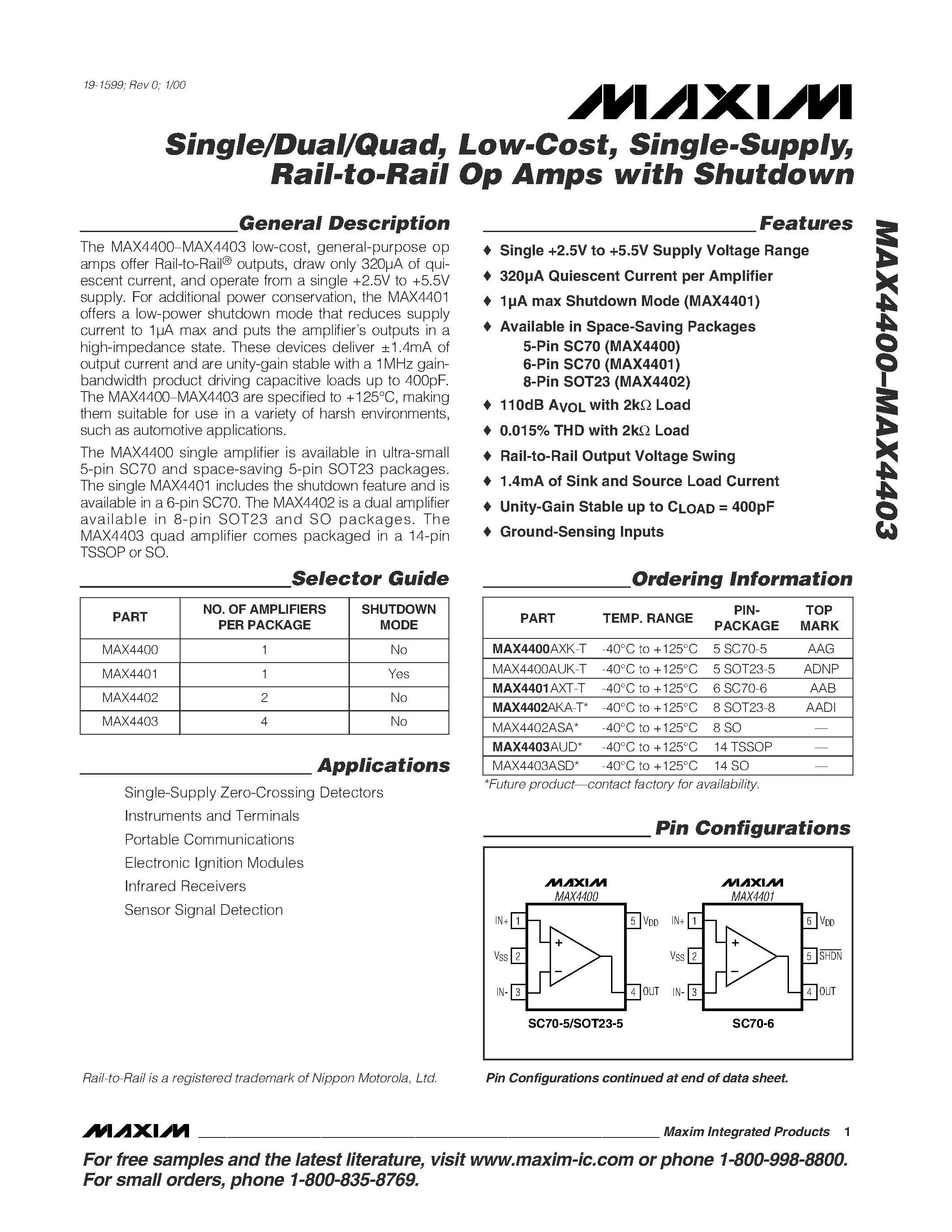 Datasheet MAX4401AXT-T page 1 Datasheet MAX4401AXT-T - Single/Dual/Quad / Low-Cost / Single-Supply / Rail-to-Rail Op Amps with Shutdown page 1
