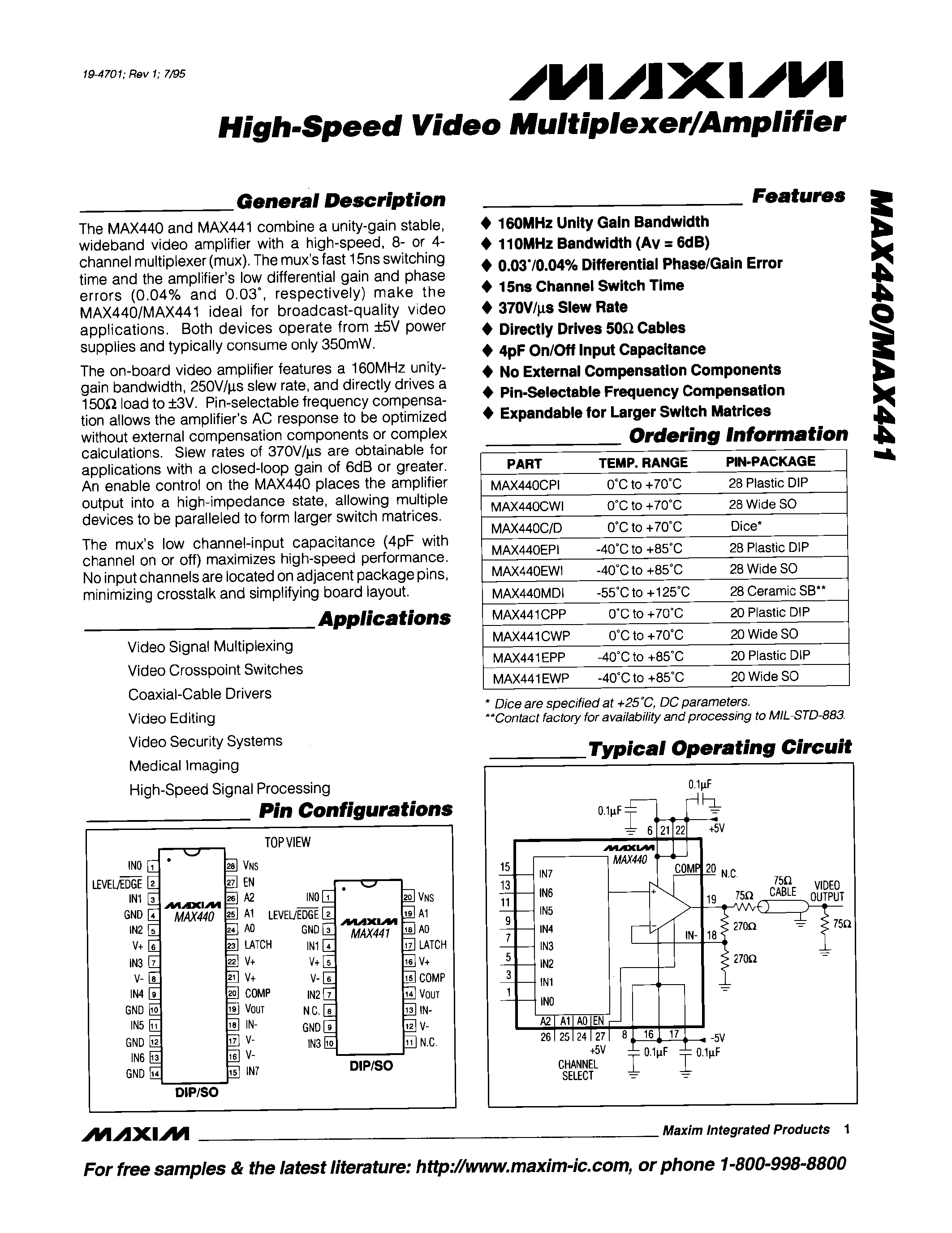 Datasheet MAX440C/D - High-Speed Video Multiplixer/Amplifier page 1