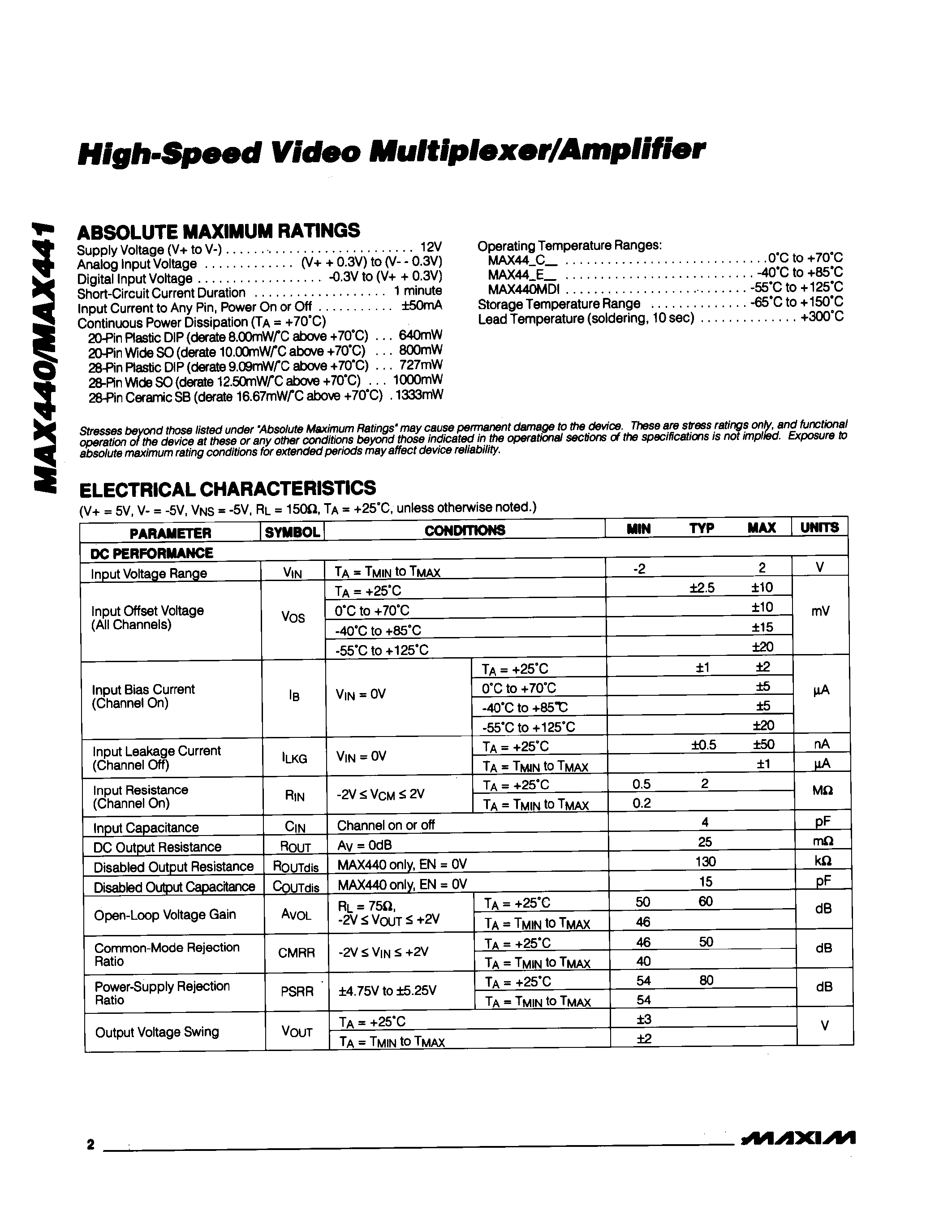 Datasheet MAX440C/D - High-Speed Video Multiplixer/Amplifier page 2