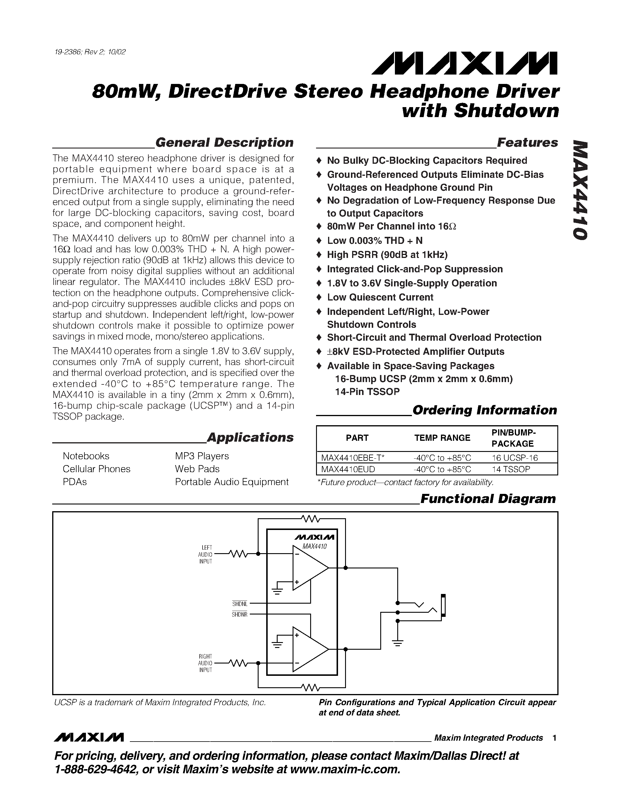 Datasheet MAX4410 page 1 Datasheet MAX4410 - 80mW / DirectDrive Stereo Headphone Driver with Shutdown page 1