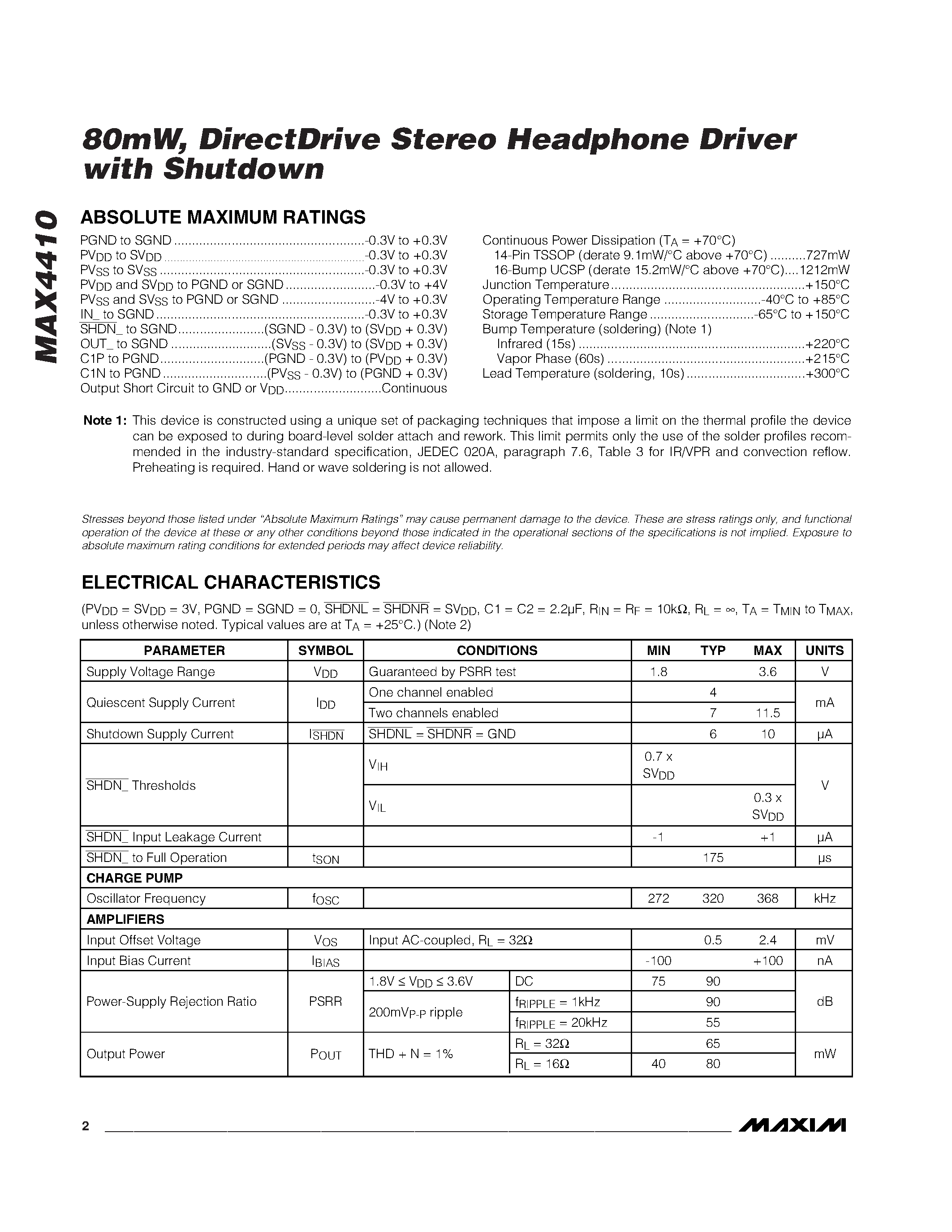 Datasheet MAX4410 page 2 Datasheet MAX4410 - 80mW / DirectDrive Stereo Headphone Driver with Shutdown page 2
