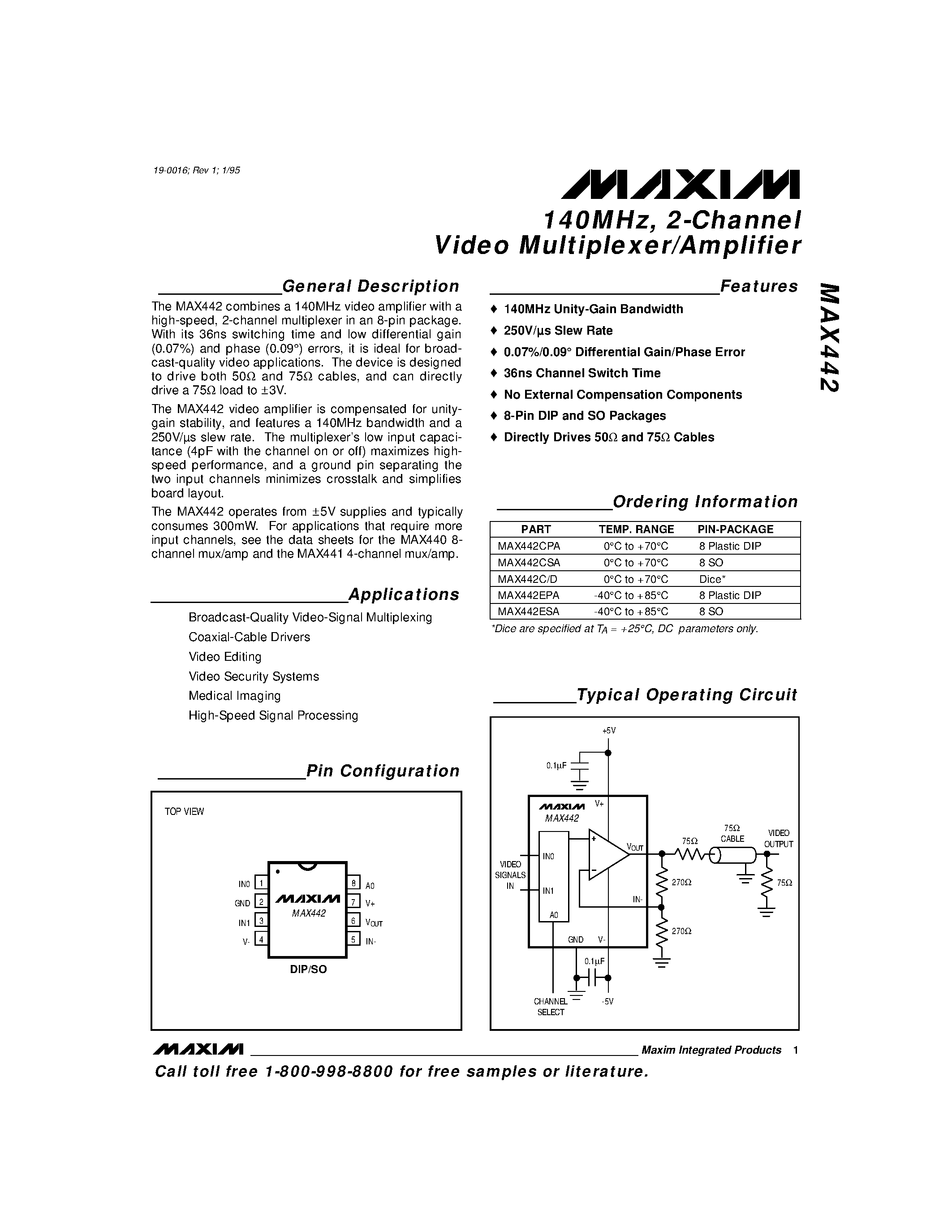 Datasheet MAX442 - 140MHz / 2-Channel Video Multiplexer/Amplifier page 1