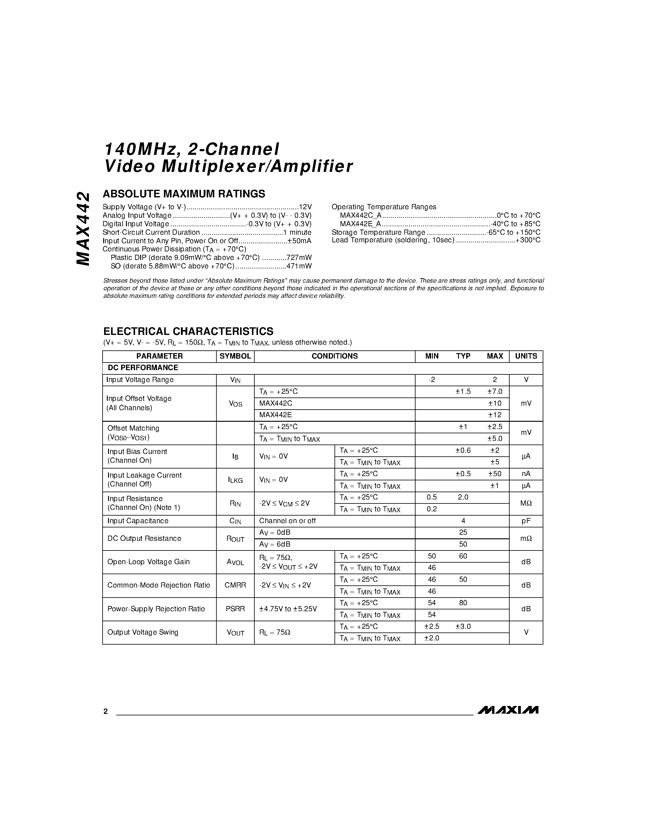Datasheet MAX442 - 140MHz / 2-Channel Video Multiplexer/Amplifier page 2