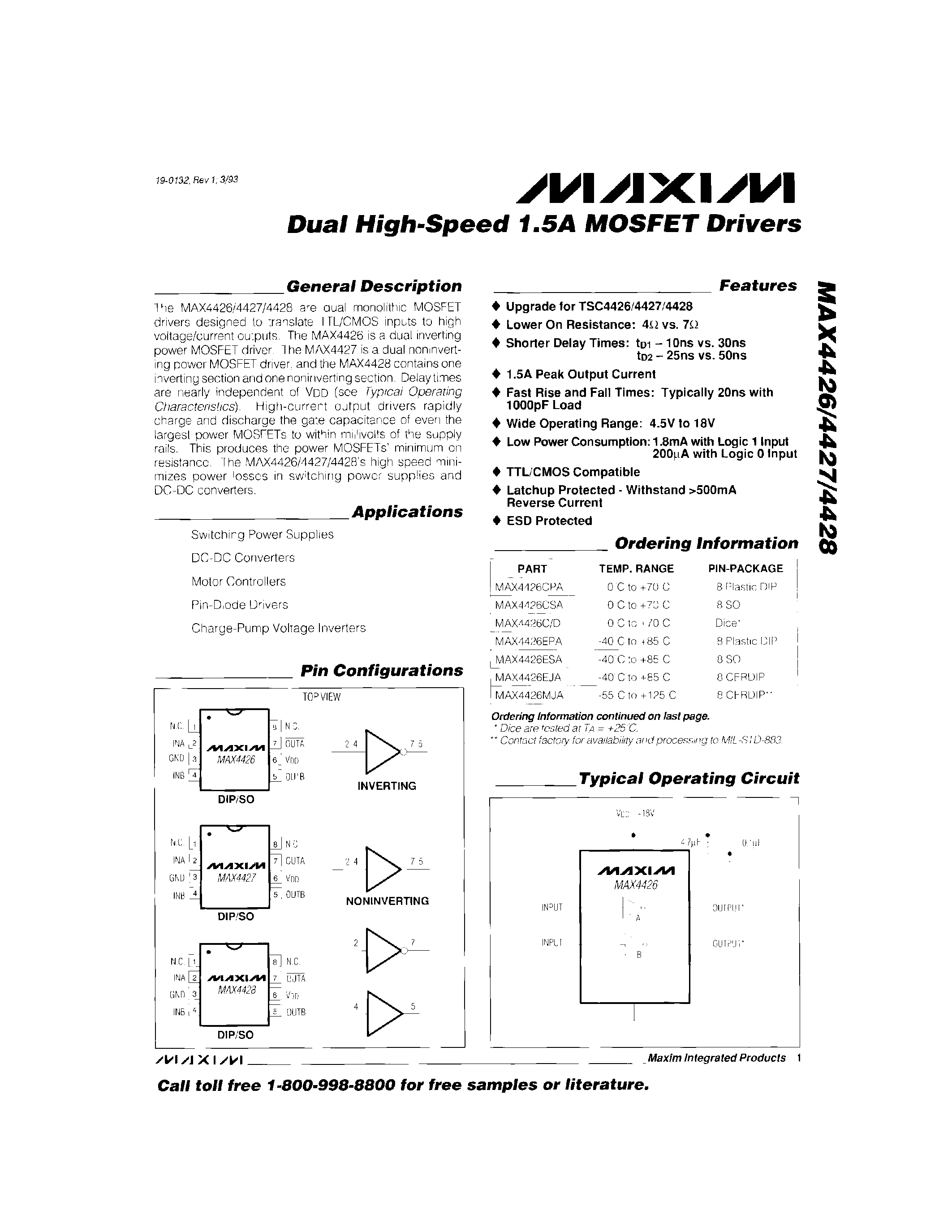 Datasheet MAX4427 - Dual High-Speed 1.5A MOSFET Drivers page 1