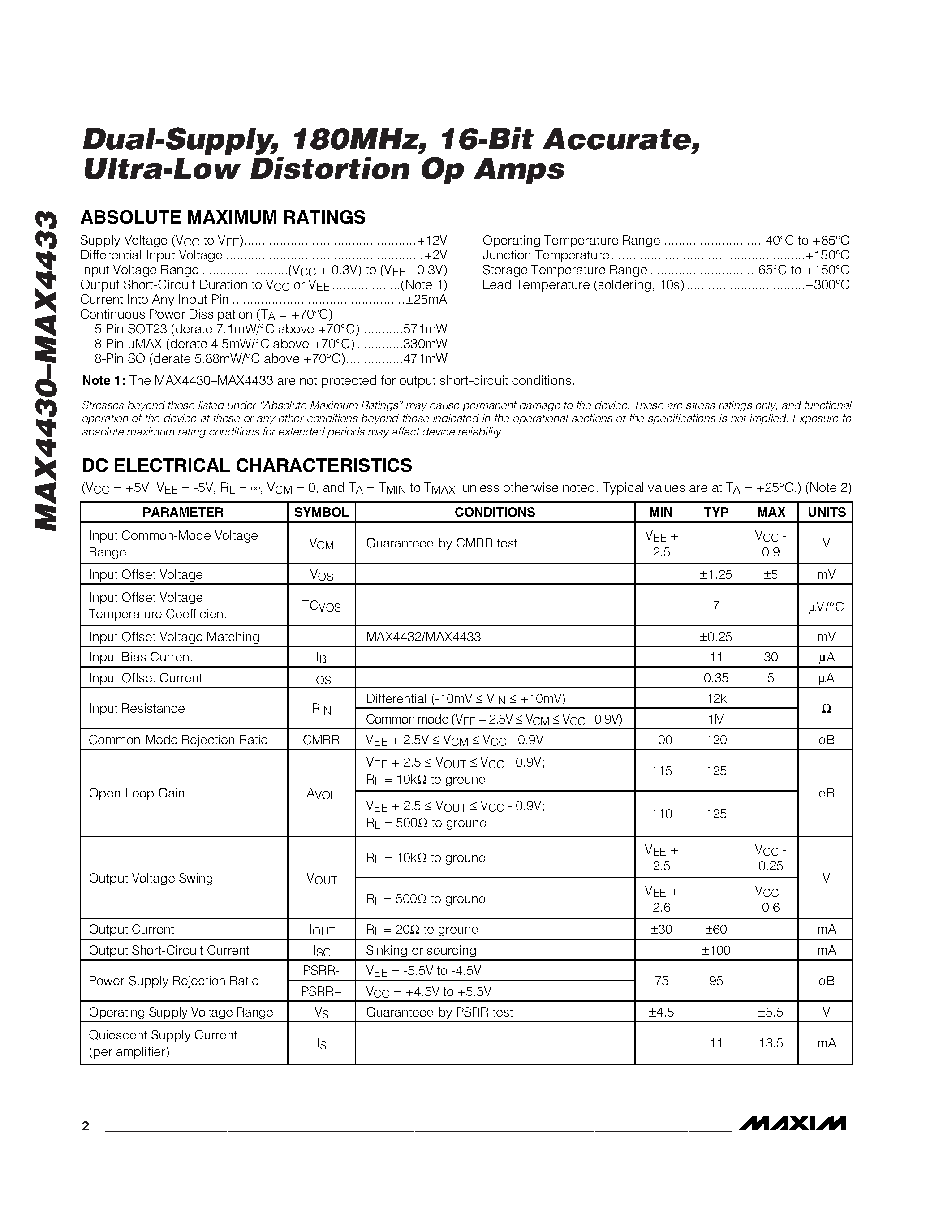 Datasheet MAX4431EUK-T page 2 Datasheet MAX4431EUK-T - Dual-Supply / 180MHz / 16-Bit Accurate / Ultra-Low Distortion Op Amps page 2