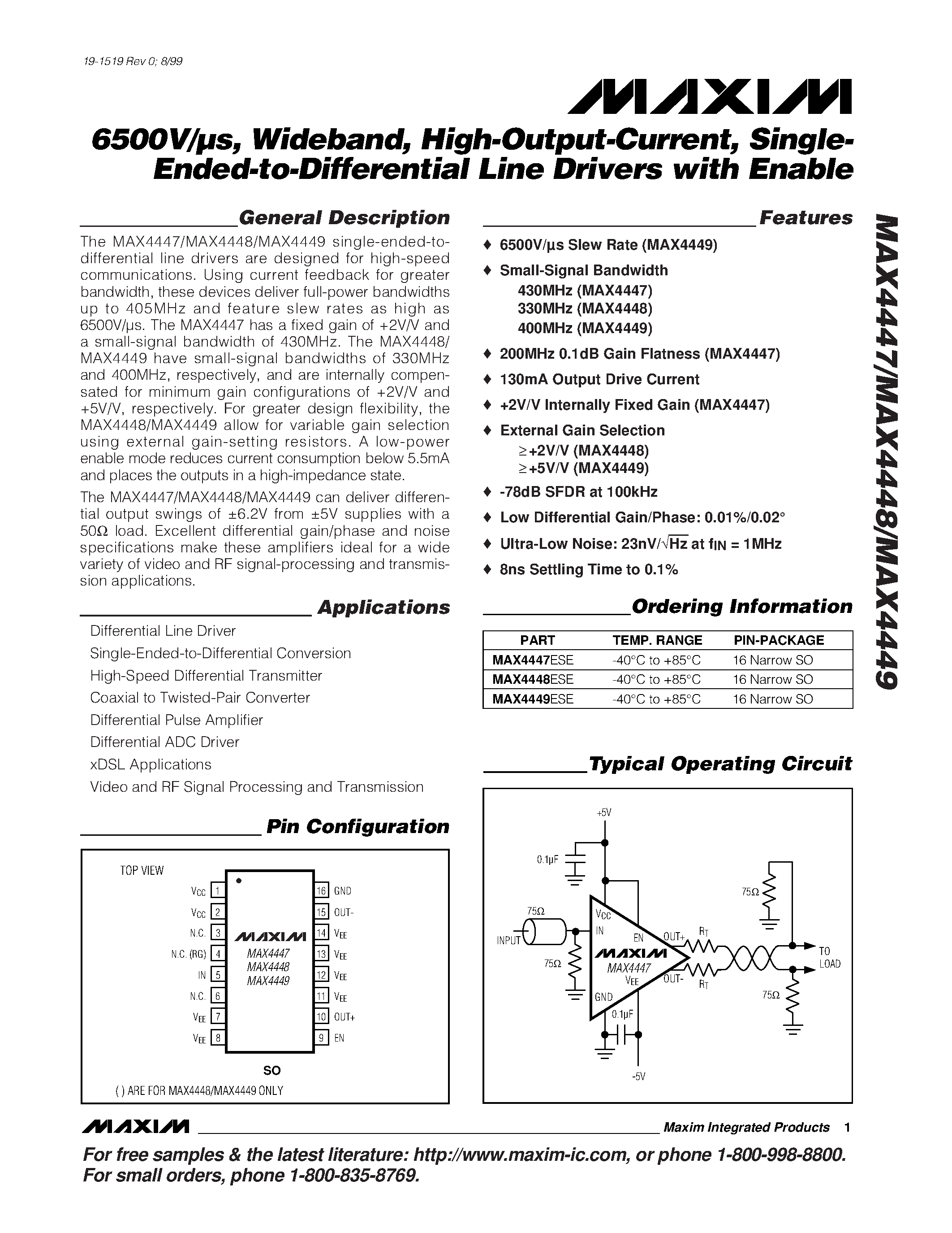 Datasheet MAX4448ESE - 6500V/s / Wideband / High-Output-Current / Single- Ended-to-Differential Line Drivers with Enable page 1
