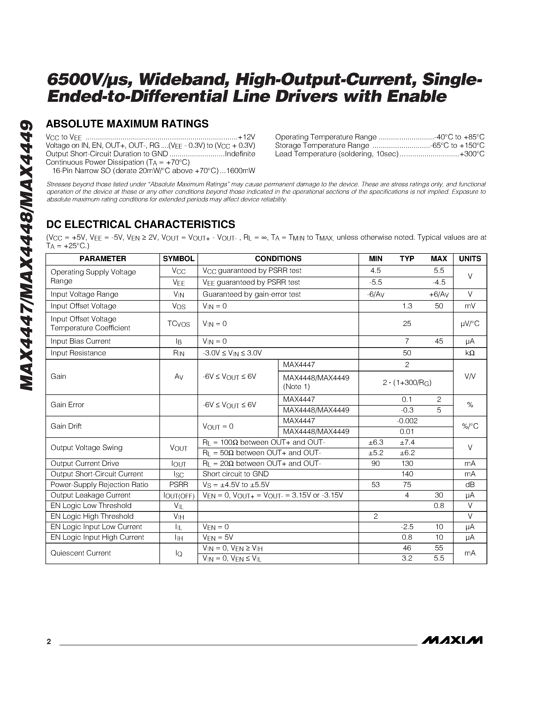 Datasheet MAX4449ESE - 6500V/s / Wideband / High-Output-Current / Single- Ended-to-Differential Line Drivers with Enable page 2