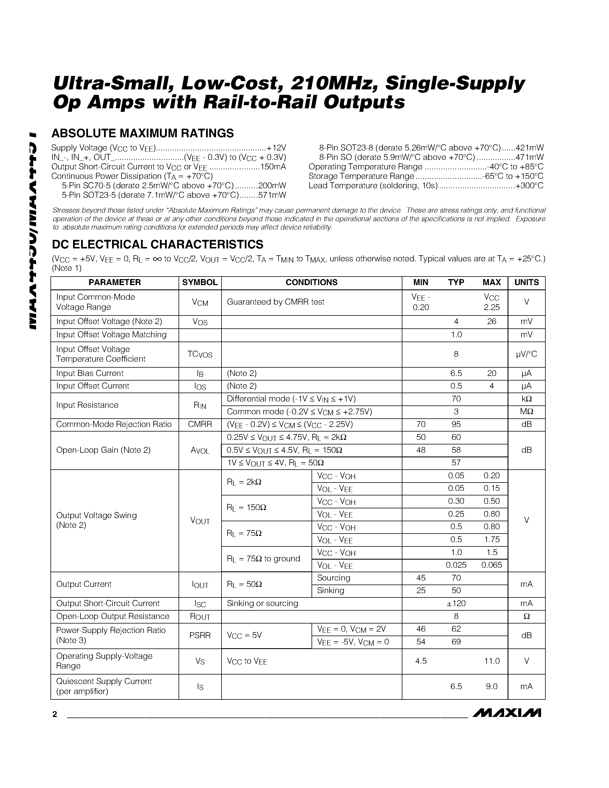 Datasheet MAX4450EXK-T page 2 Datasheet MAX4450EXK-T - Ultra-Small / Low-Cost / 210MHz / Single-Supply Op Amps with Rail-to-Rail Outputs page 2