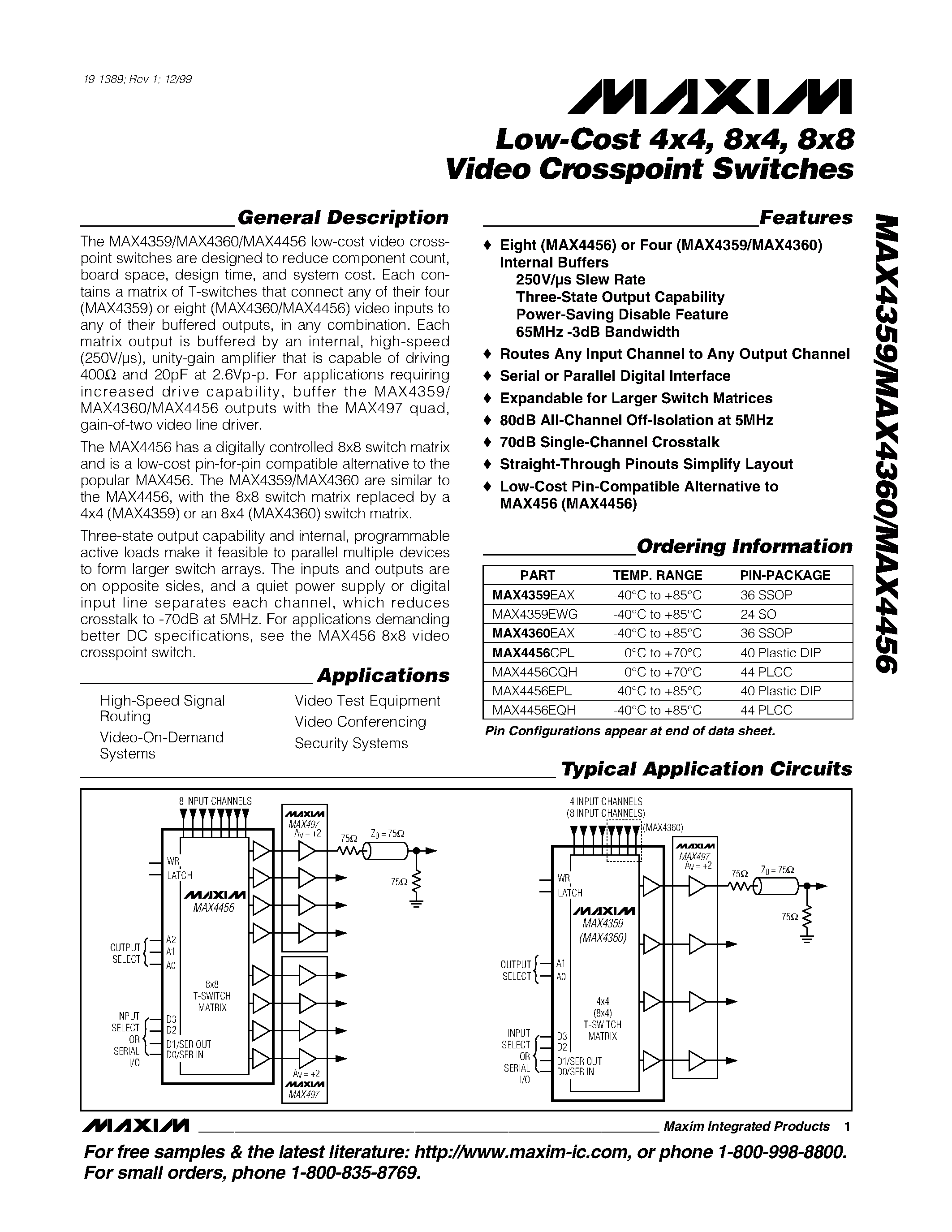 Datasheet MAX4456EPL - Low-Cost 4x4 / 8x4 / 8x8 Video Crosspoint Switches page 1
