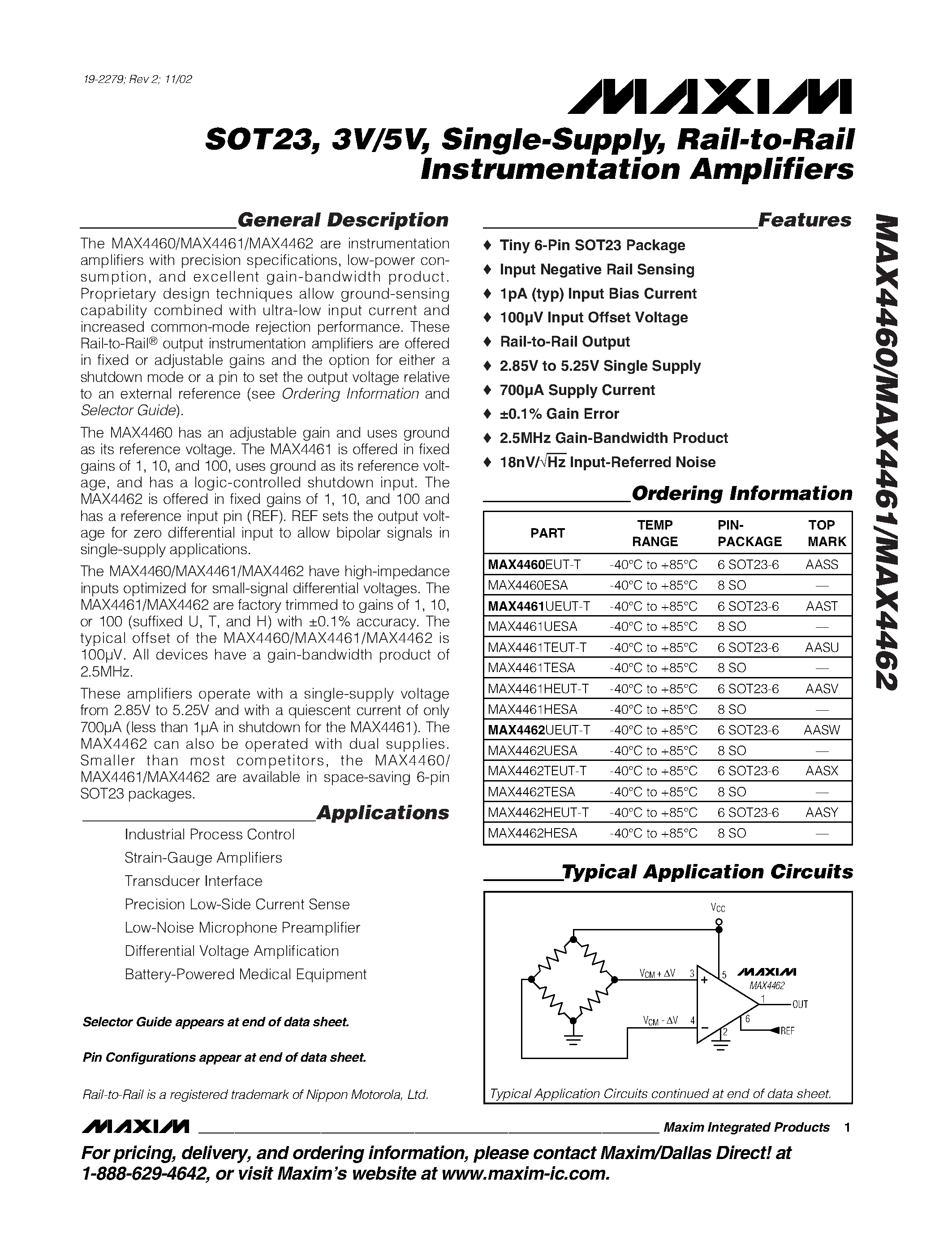 Даташит MAX4462TEUT-T - SOT23 / 3V/5V / Single-Supply / Rail-to-Rail Instrumentation Amplifiers страница 1
