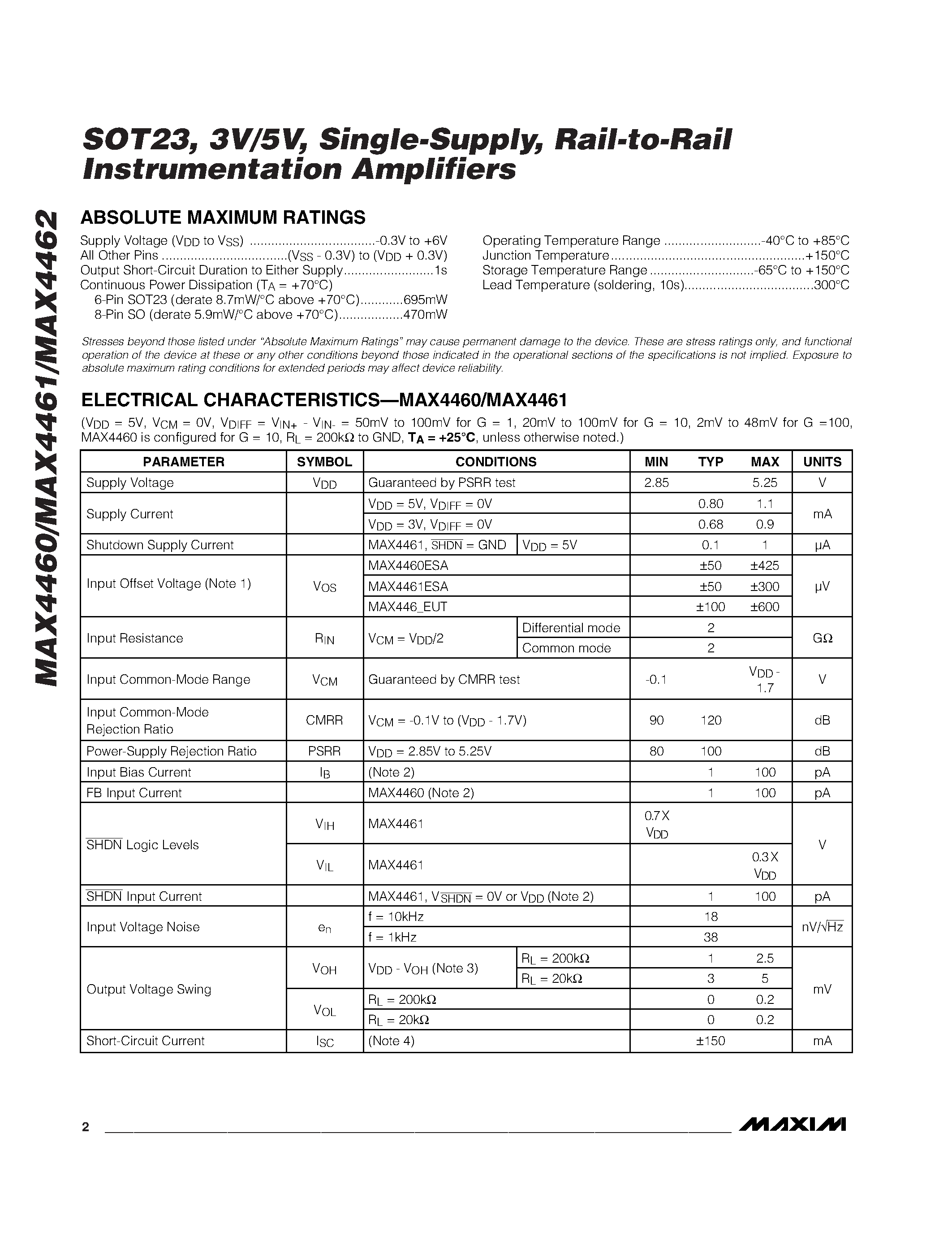Даташит MAX4462TEUT-T - SOT23 / 3V/5V / Single-Supply / Rail-to-Rail Instrumentation Amplifiers страница 2