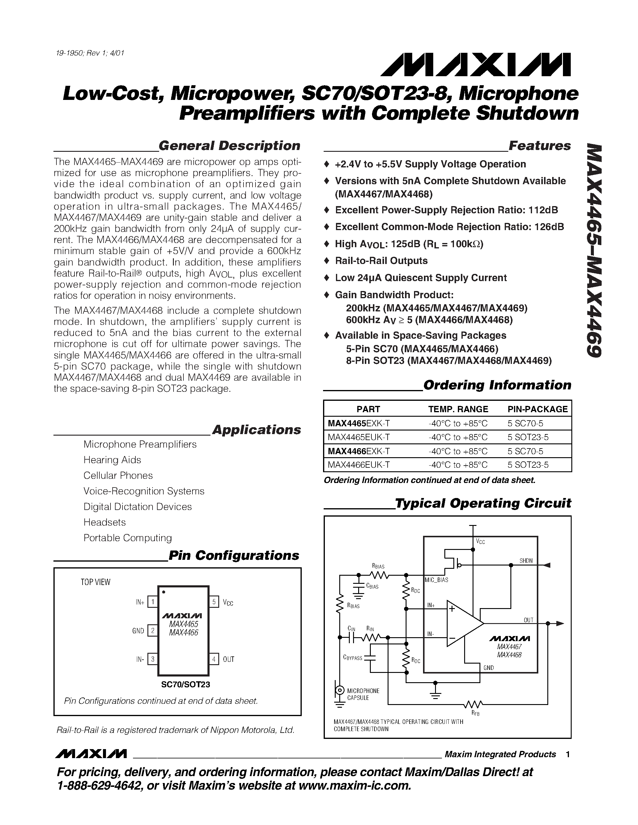 Datasheet MAX4467EKA-T page 1 Datasheet MAX4467EKA-T - Low-Cost / Micropower / SC70/SOT23-8 / Microphone Preamplifiers with Complete Shutdown page 1