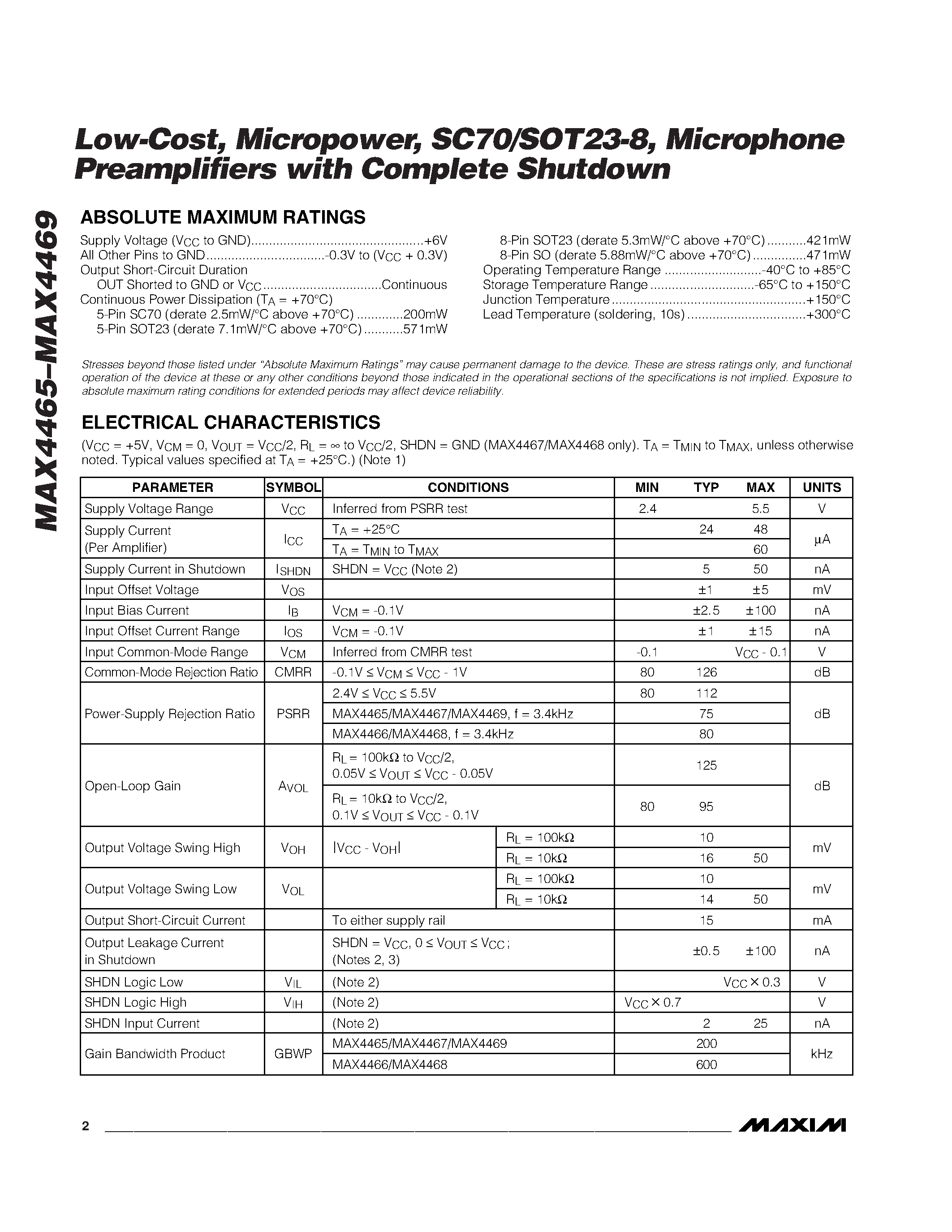 Datasheet MAX4469EKA-T - Low-Cost / Micropower / SC70/SOT23-8 / Microphone Preamplifiers with Complete Shutdown page 2