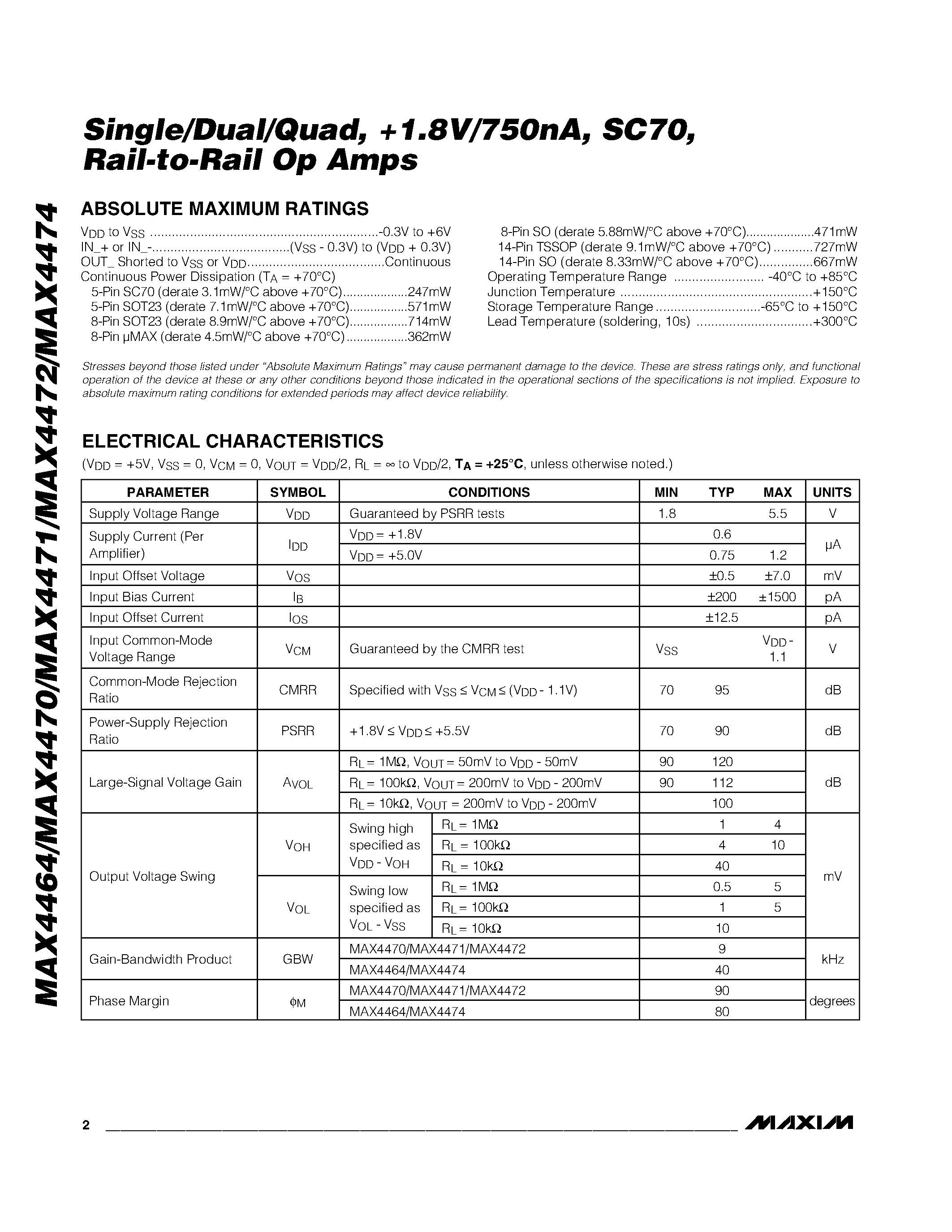 Datasheet MAX4471EKA-T page 2 Datasheet MAX4471EKA-T - Single/Dual/Quad / !.8V/750nA / SC70 / Rail-to-Rail Op Amps page 2