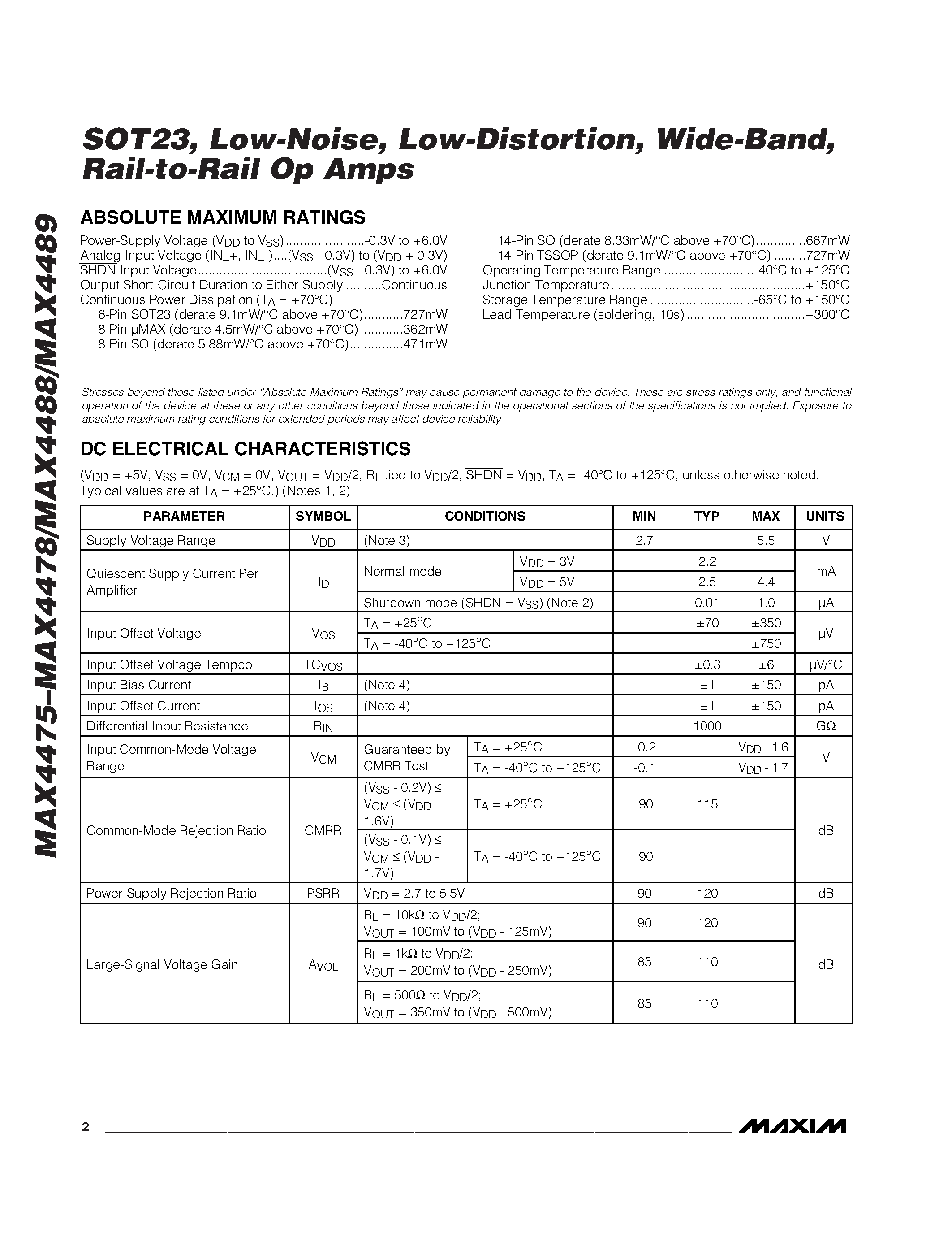 Datasheet MAX4475AUT-T page 2 Datasheet MAX4475AUT-T - SOT23 / Low-Noise / Low-Distortion / Wide-Band / Rail-to-Rail Op Amps page 2