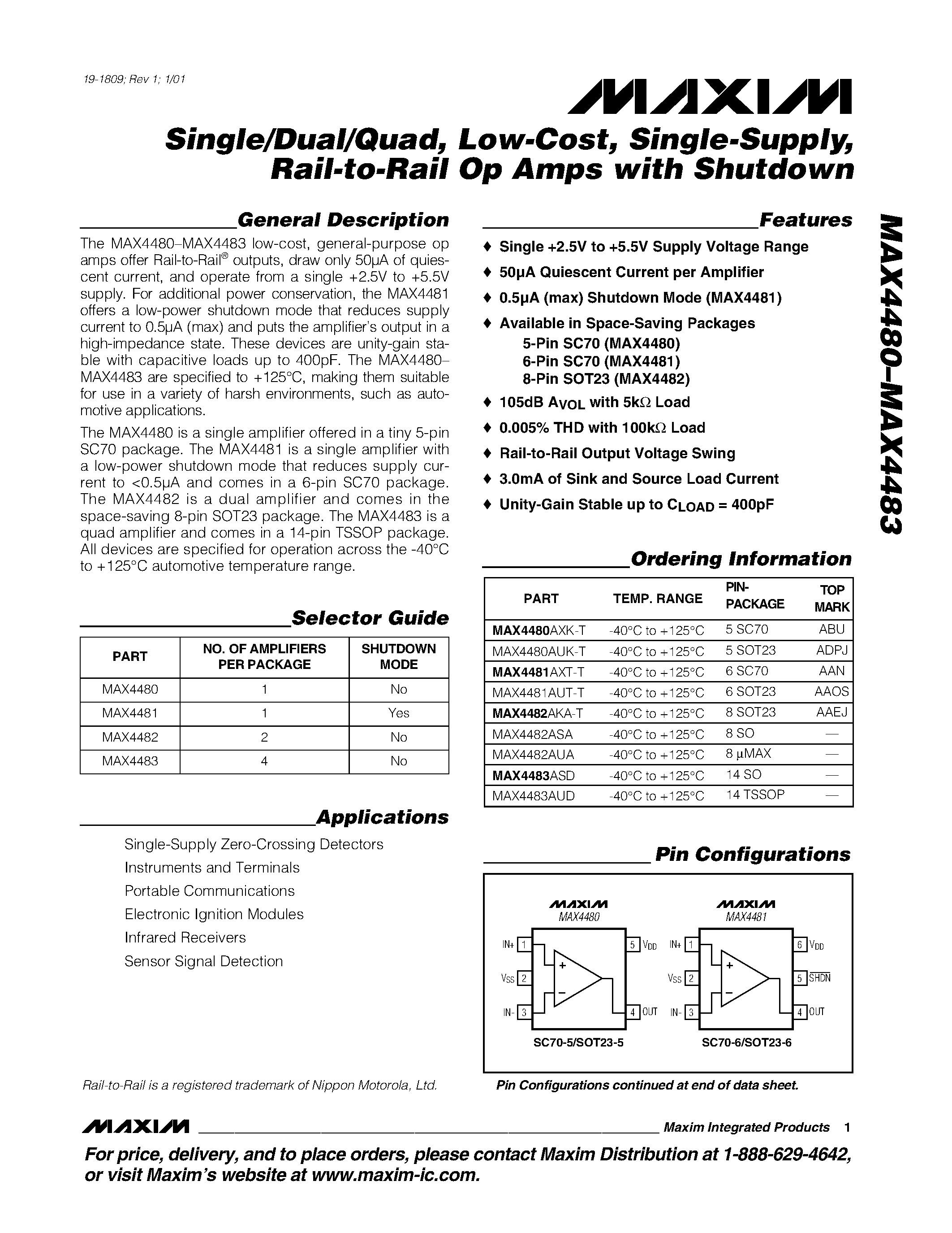 Datasheet MAX4480AUK-T page 1 Datasheet MAX4480AUK-T - Single/Dual/Quad / Low-Cost / Single-Supply / Rail-to-Rail Op Amps with Shutdown page 1