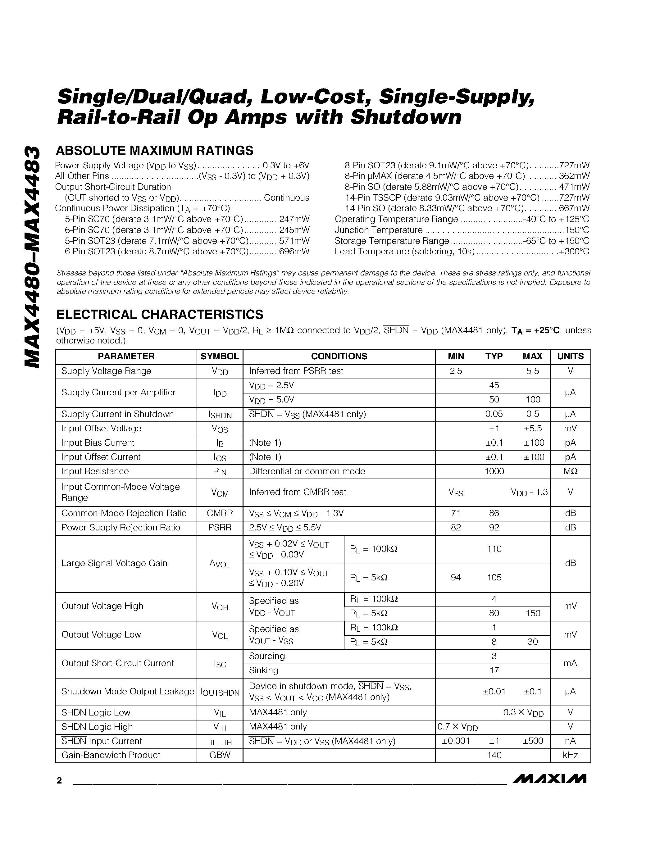 Datasheet MAX4482AKA-T page 2 Datasheet MAX4482AKA-T - Single/Dual/Quad / Low-Cost / Single-Supply / Rail-to-Rail Op Amps with Shutdown page 2