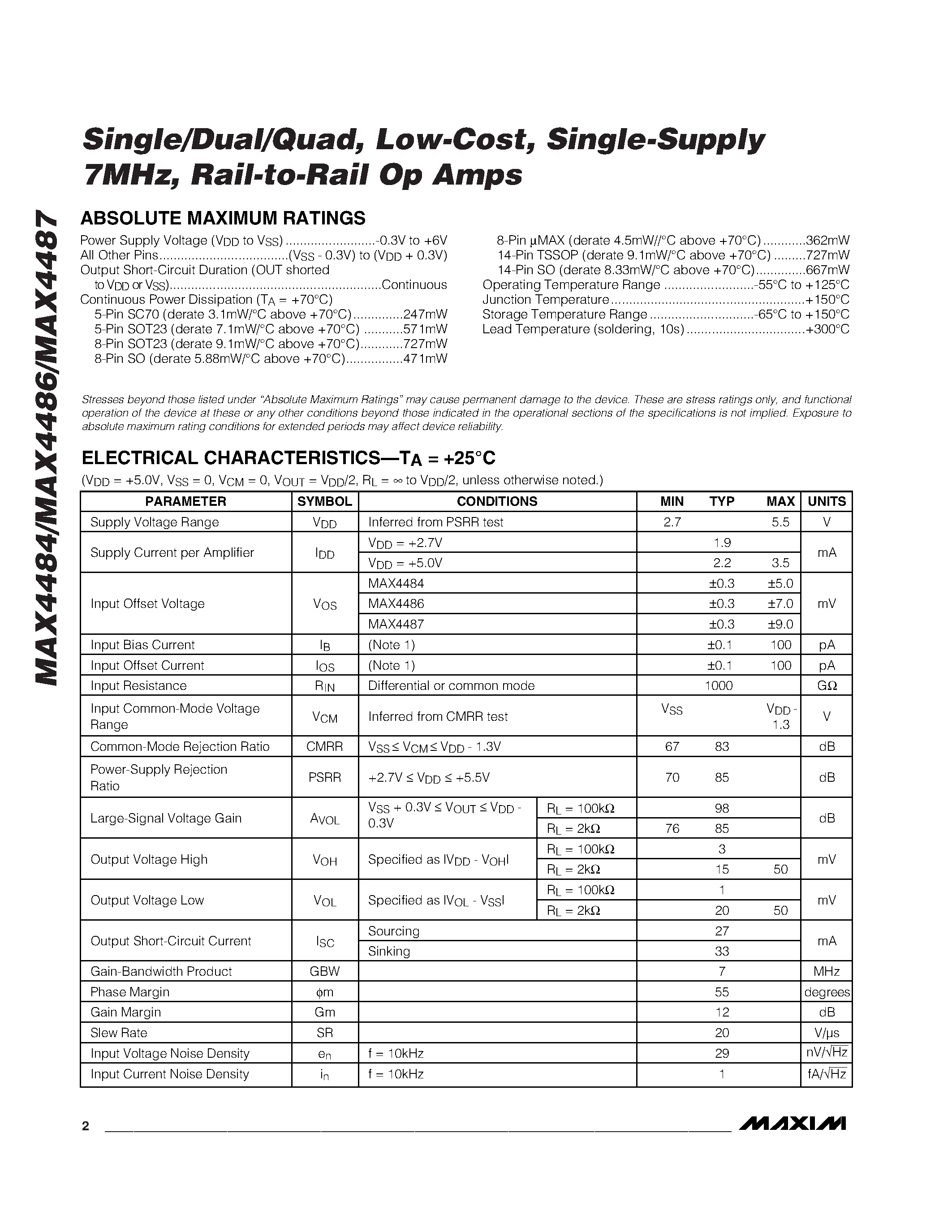 Даташит MAX4486AKA-T - Single/Dual/Quad / Low-Cost / Single-Supply 7MHz / Rail-to-Rail Op Amps страница 2