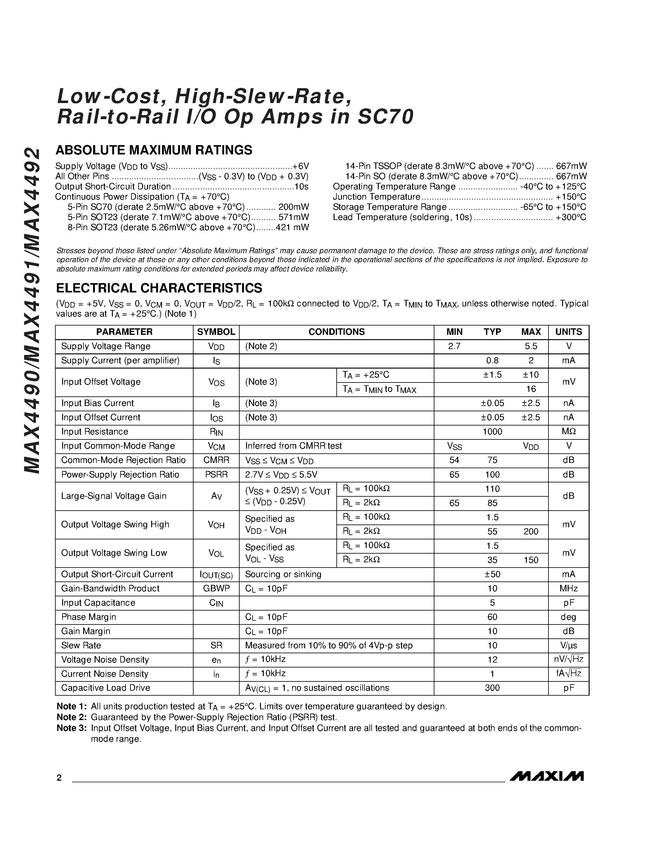 Datasheet MAX4490AXK-T page 2 Datasheet MAX4490AXK-T - Low-Cost / High-Slew-Rate / Rail-to-Rail I/O Op Amps in SC70 page 2