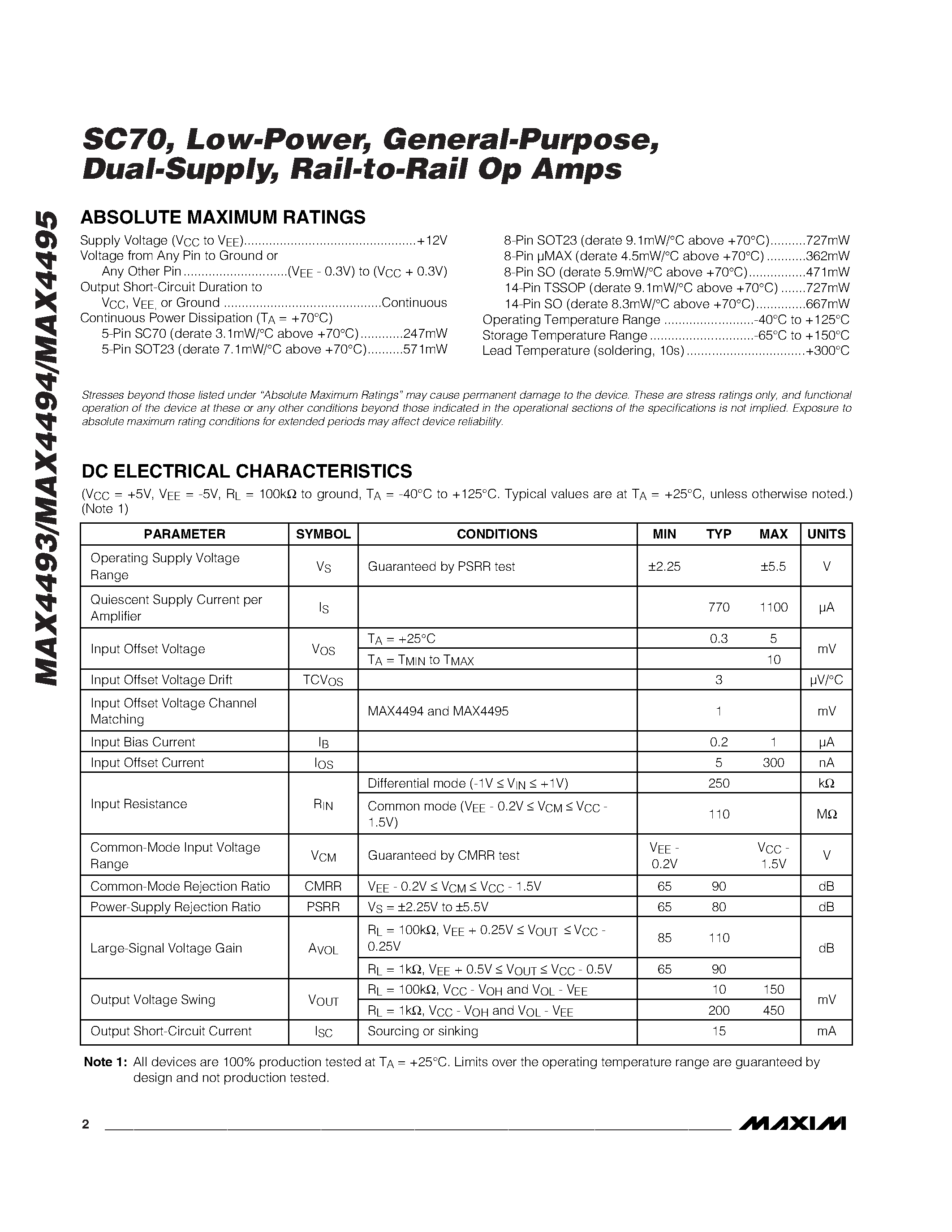 Datasheet MAX4493AXK-T page 2 Datasheet MAX4493AXK-T - SC70 / Low-Power / General-Purpose / Dual-Supply / Rail-to-Rail Op Amps page 2