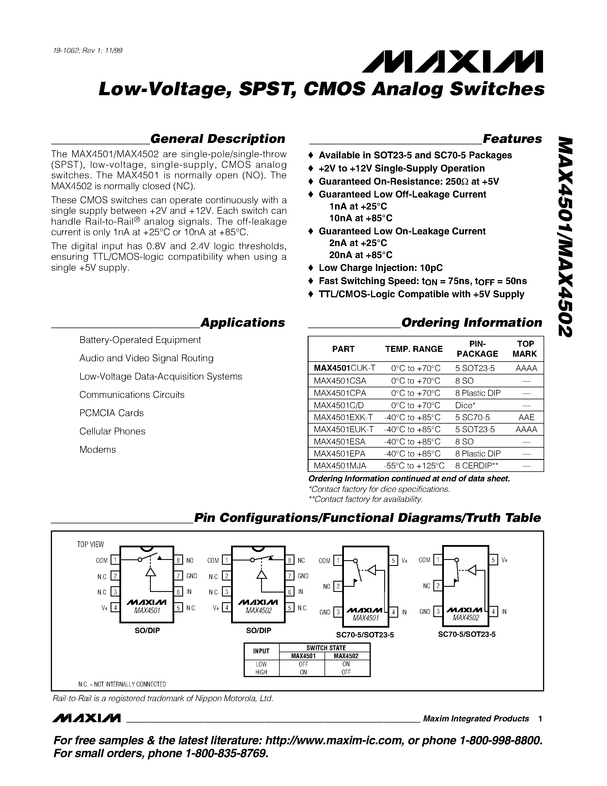 Datasheet MAX4502 page 1 Datasheet MAX4502 - Low-Voltage / SPST / CMOS Analog Switches page 1
