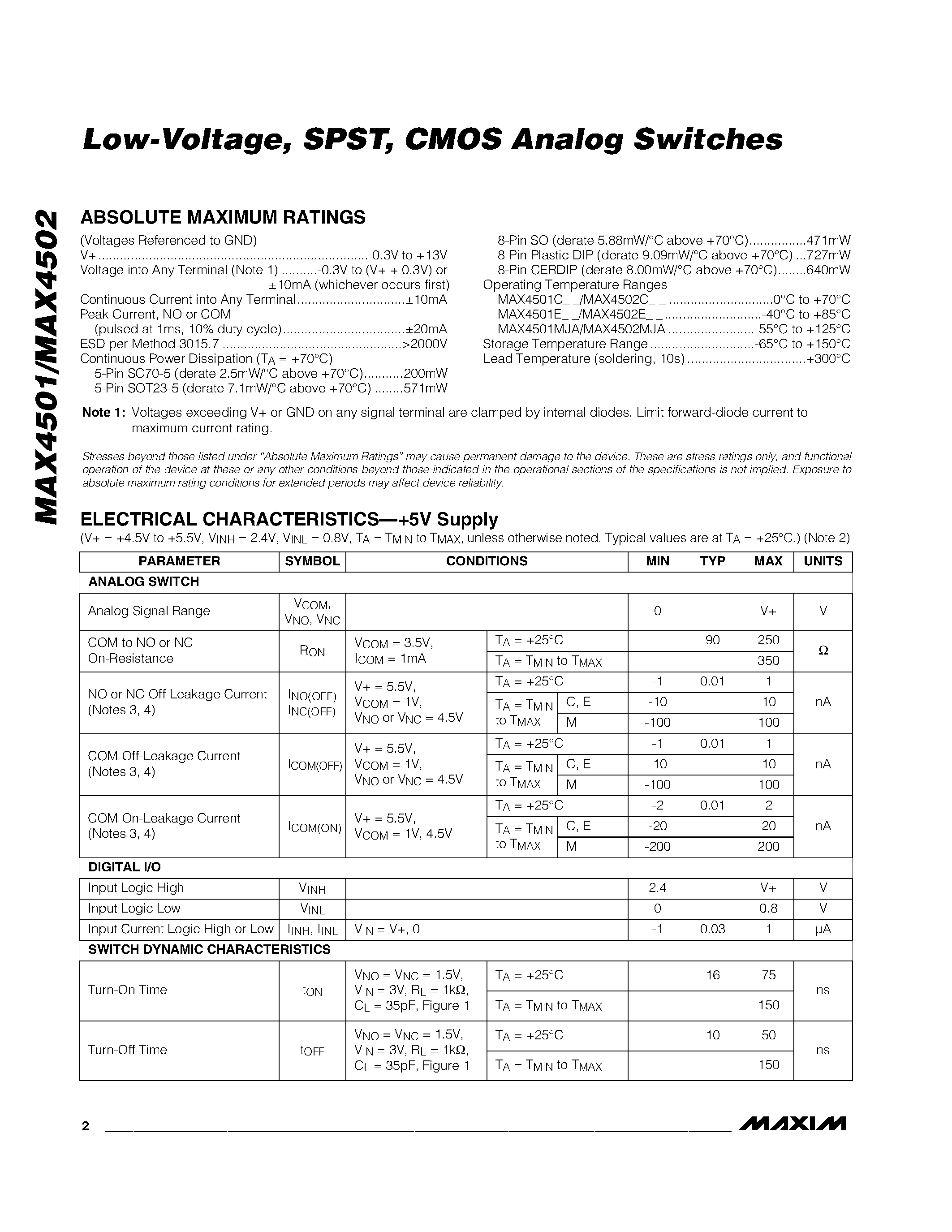 Datasheet MAX4502 page 2 Datasheet MAX4502 - Low-Voltage / SPST / CMOS Analog Switches page 2