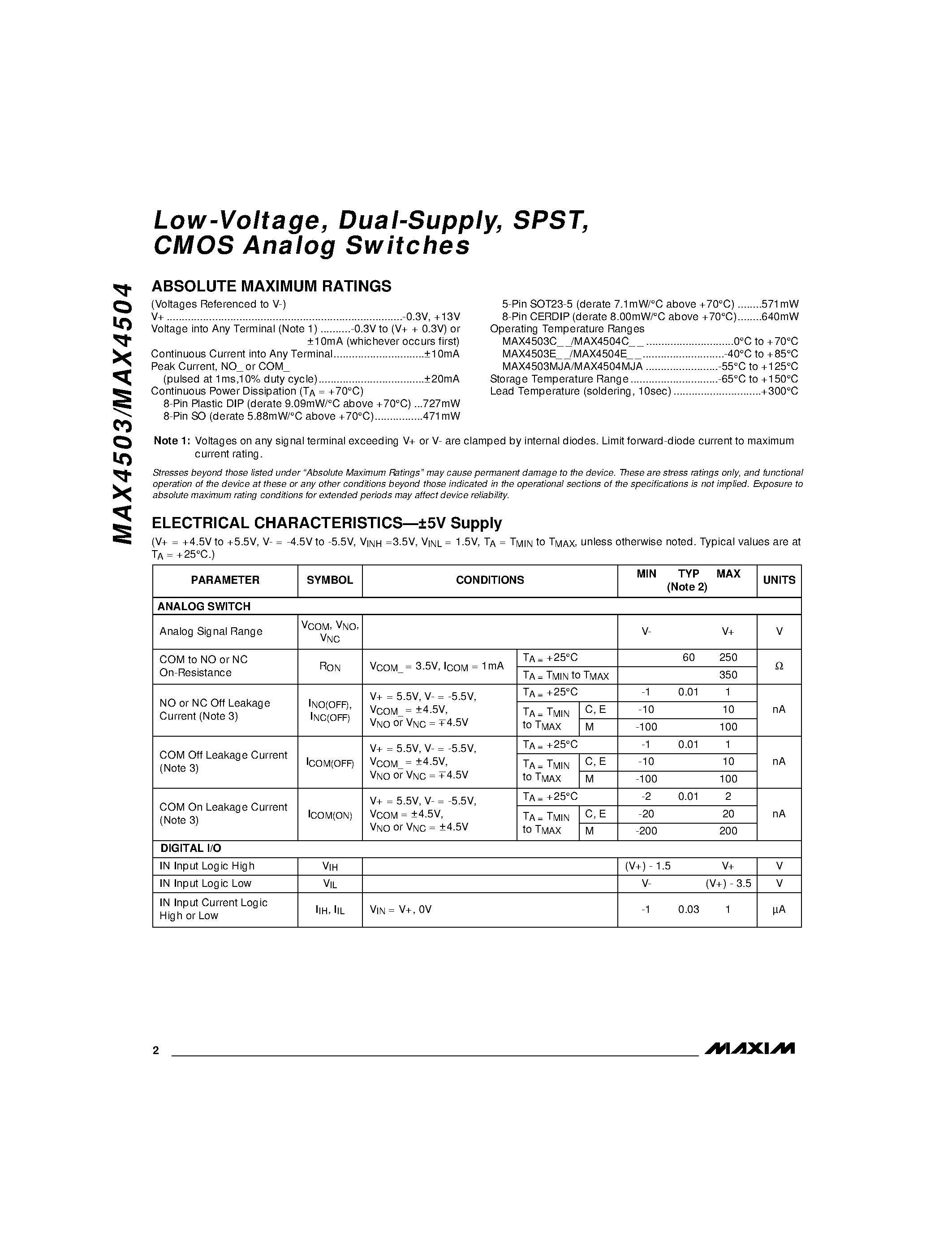 Datasheet MAX4503 - Low-Voltage / Dual-Supply / SPST / CMOS Analog Switches page 2
