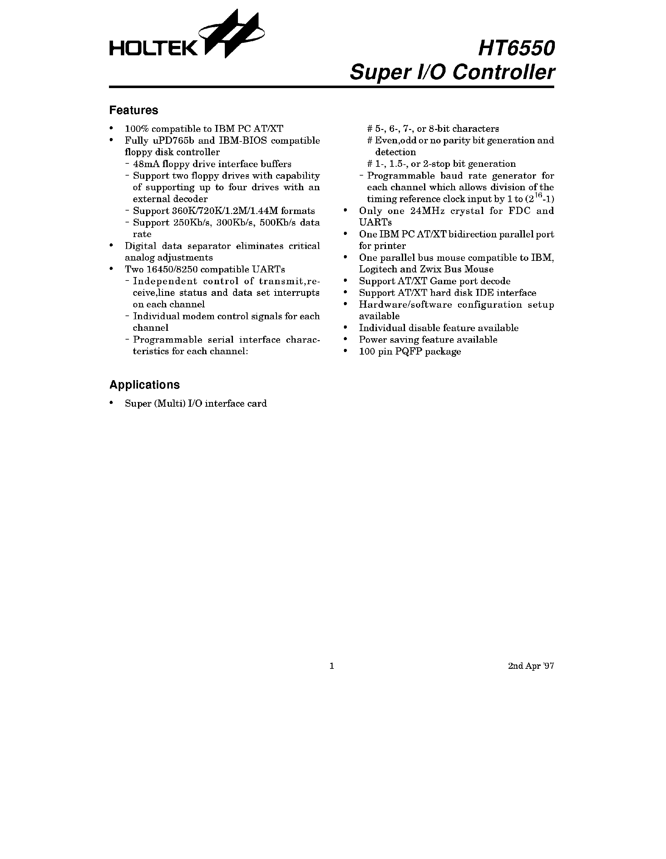 Datasheet HT6550 - Super I/O Controller page 1