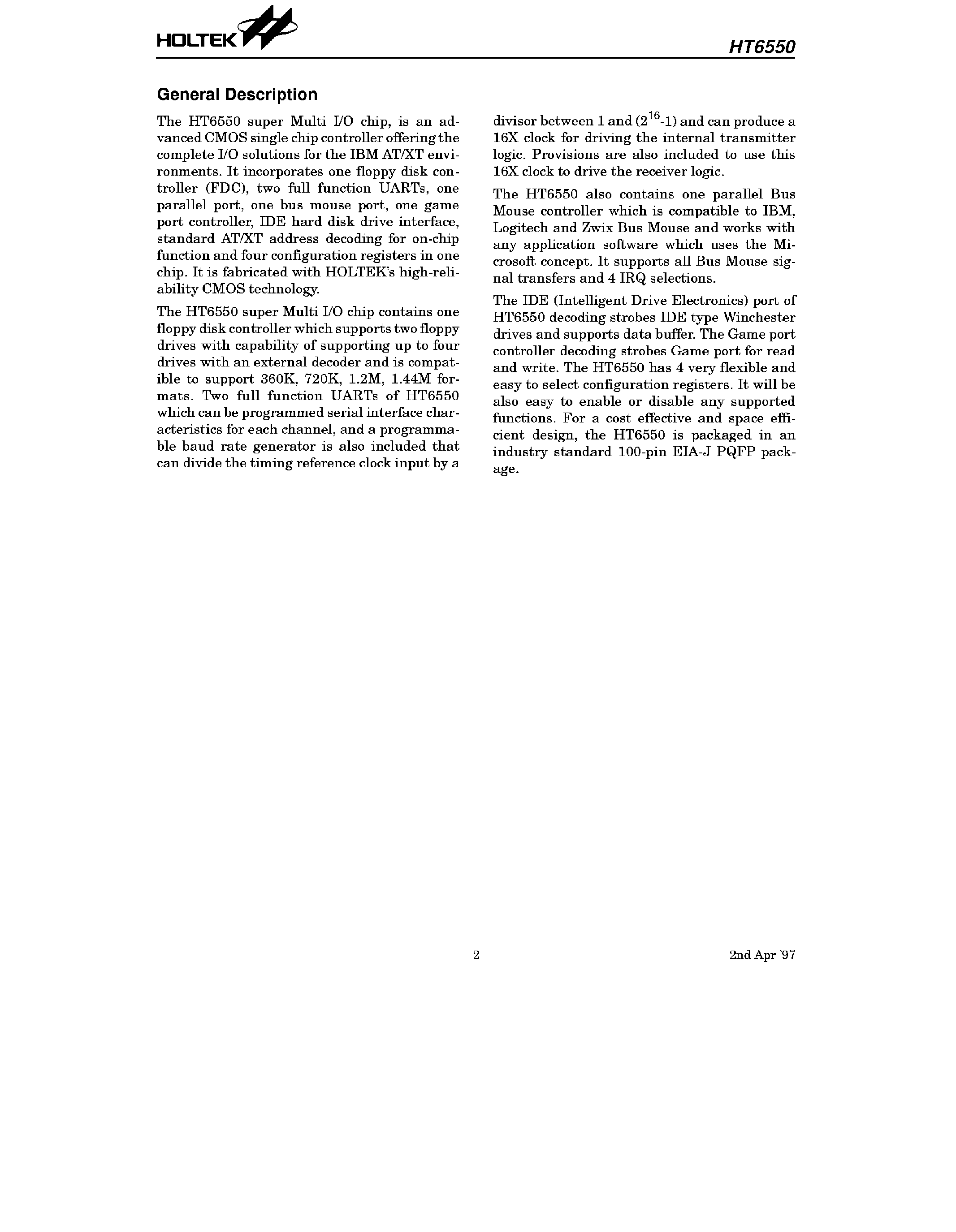 Datasheet HT6550 - Super I/O Controller page 2