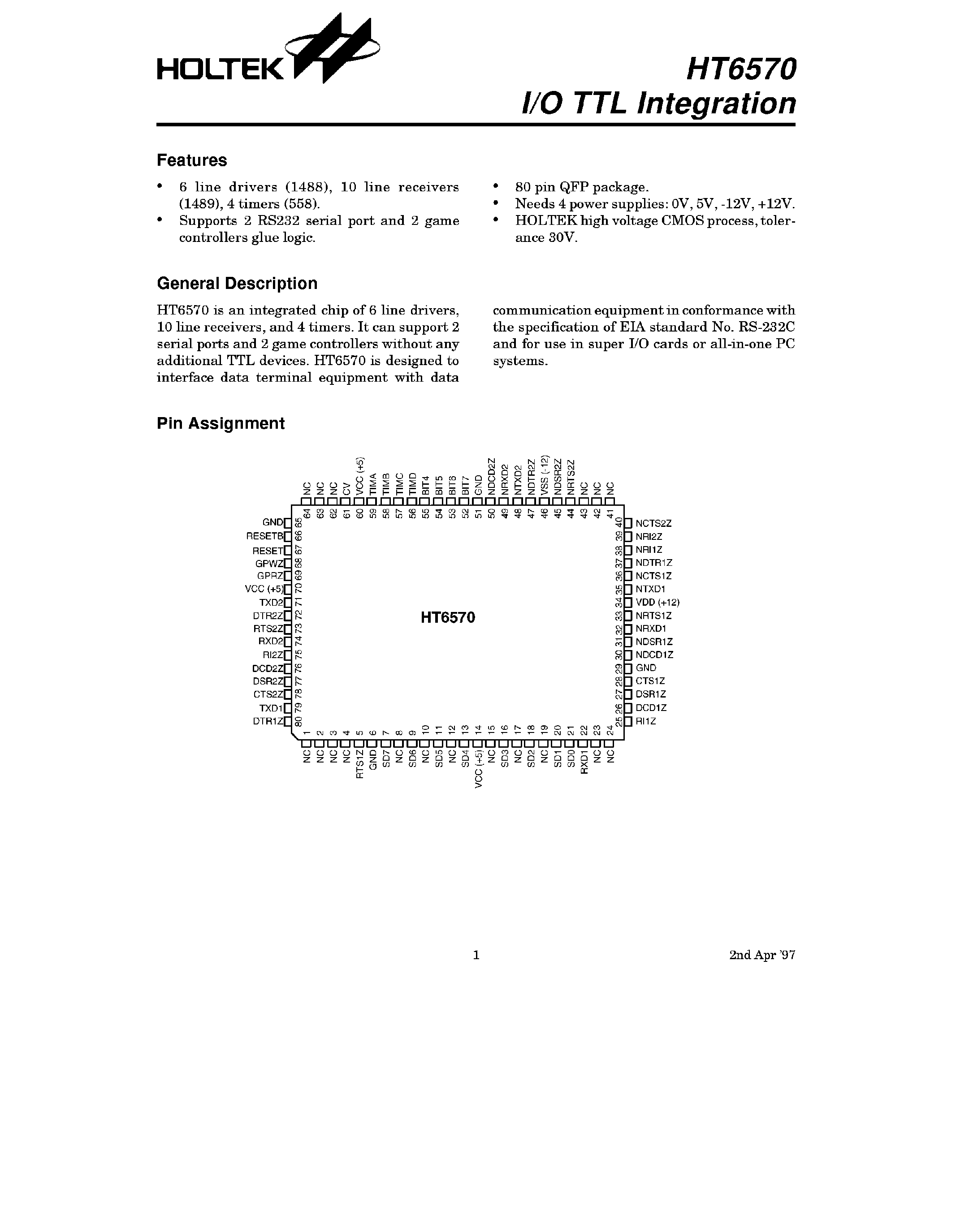 Datasheet HT6570 - I/O TTL Integration page 1