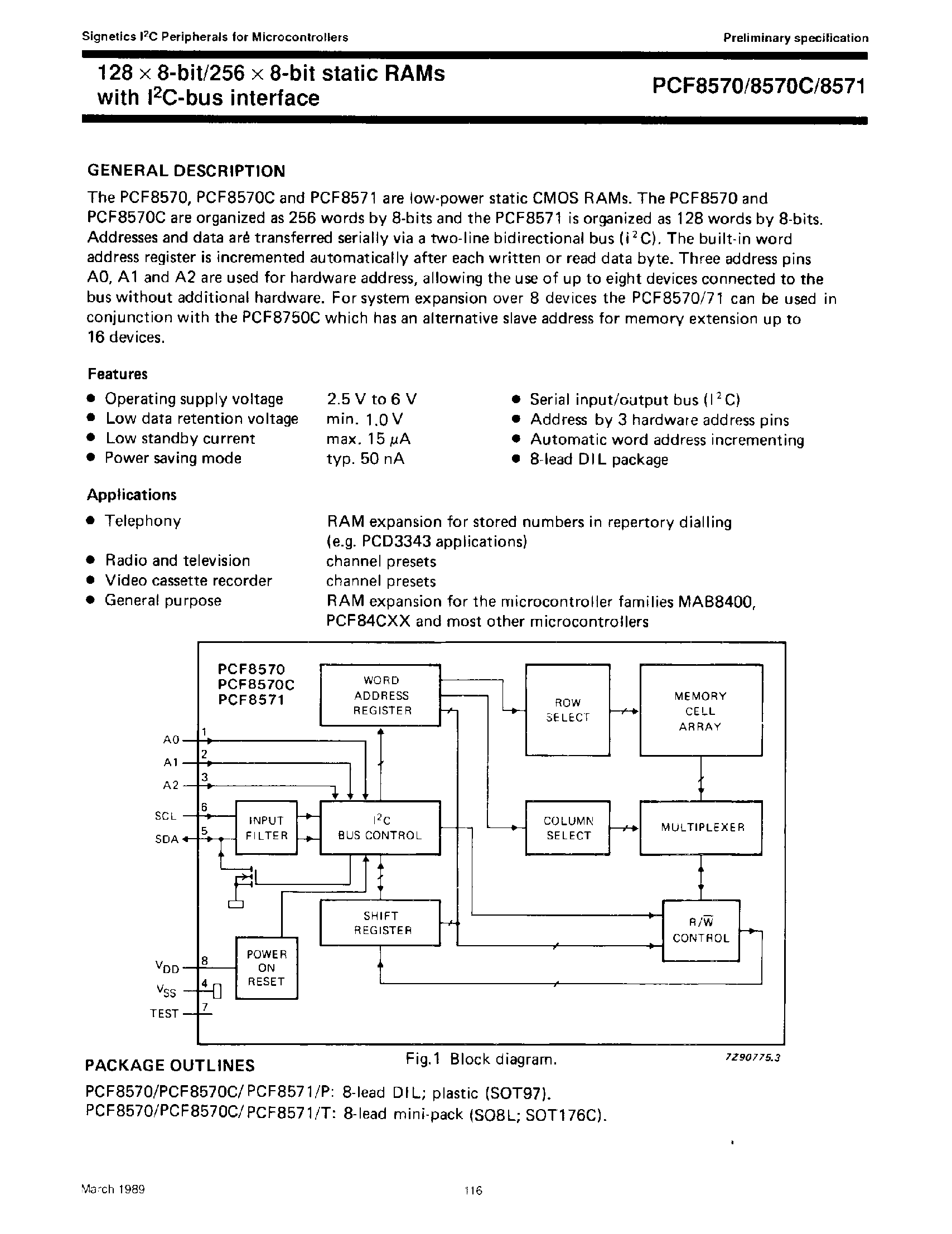 Datasheet PCF8571 - 128 x 8 Bit / 256 x 8 Bit Static Ram with IC Bus Interface page 1
